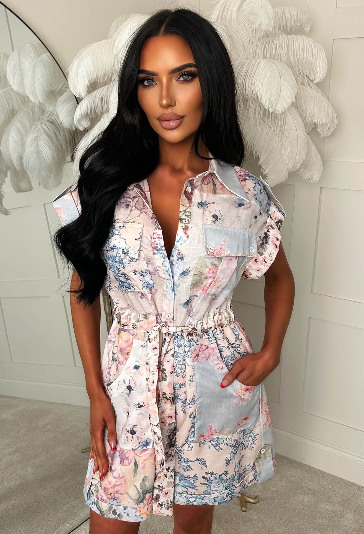 Petal Princess Blue Floral Short Sleeve Playsuit