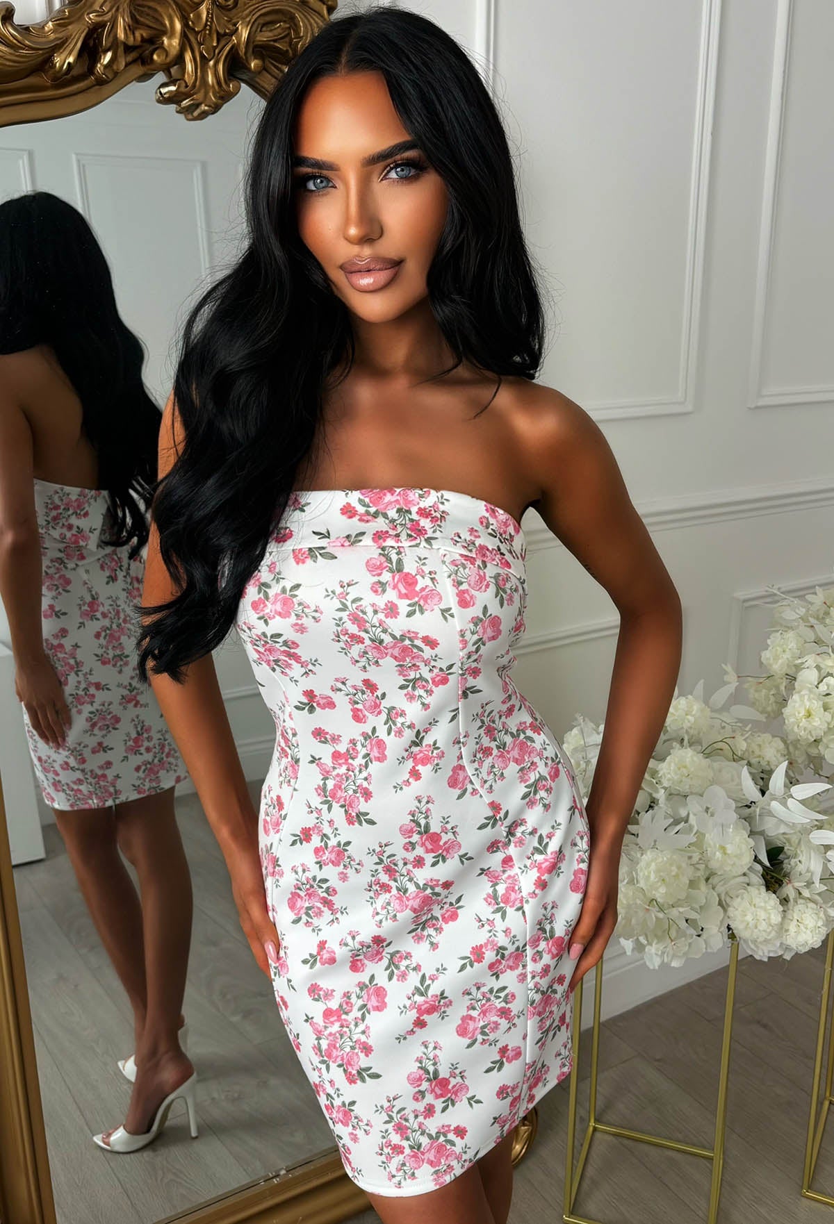 Petal Temptation Pink Strapless Ditsy Floral Print Dress