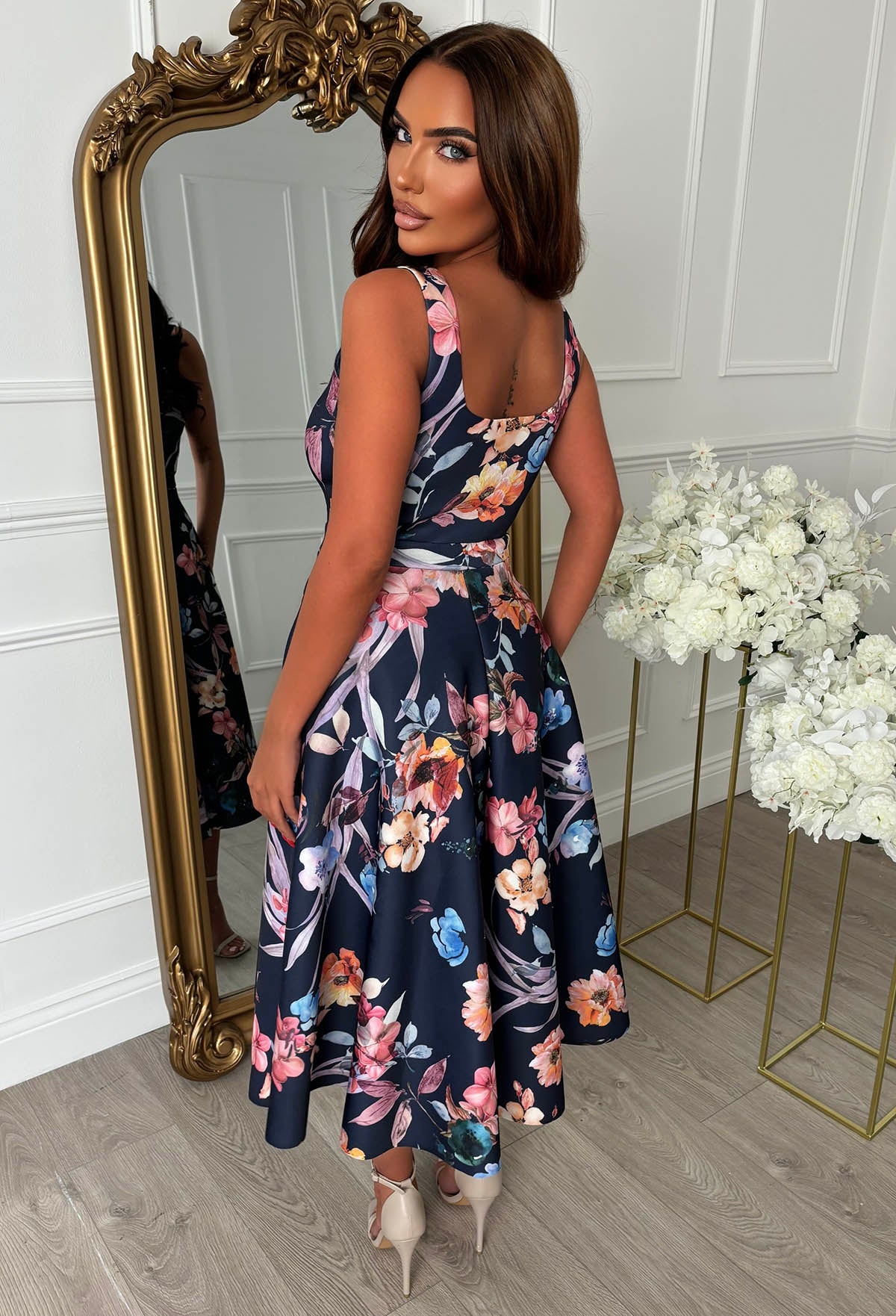 Petal Whisper Blue Pretty Floral Flared Skirt Midi Dress