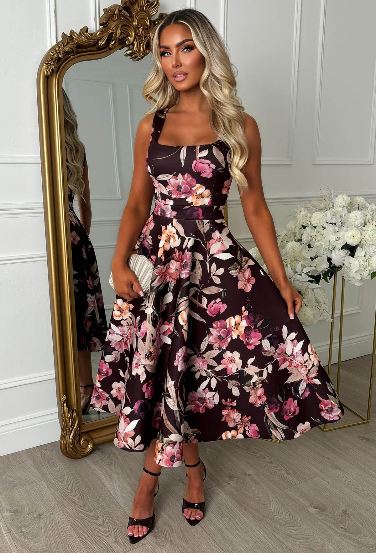 Petal Whisper Chocolate Brown Pretty Floral Flared Skirt Midi Dress