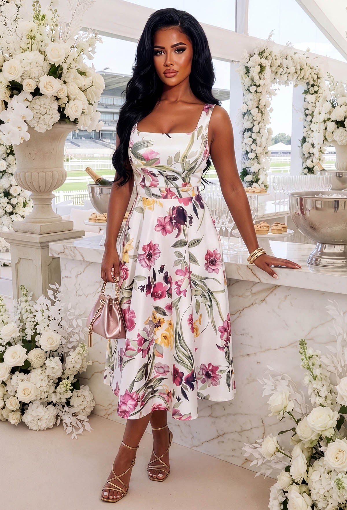 Petal Whisper Multi Pretty Floral Flared Skirt Midi Dress