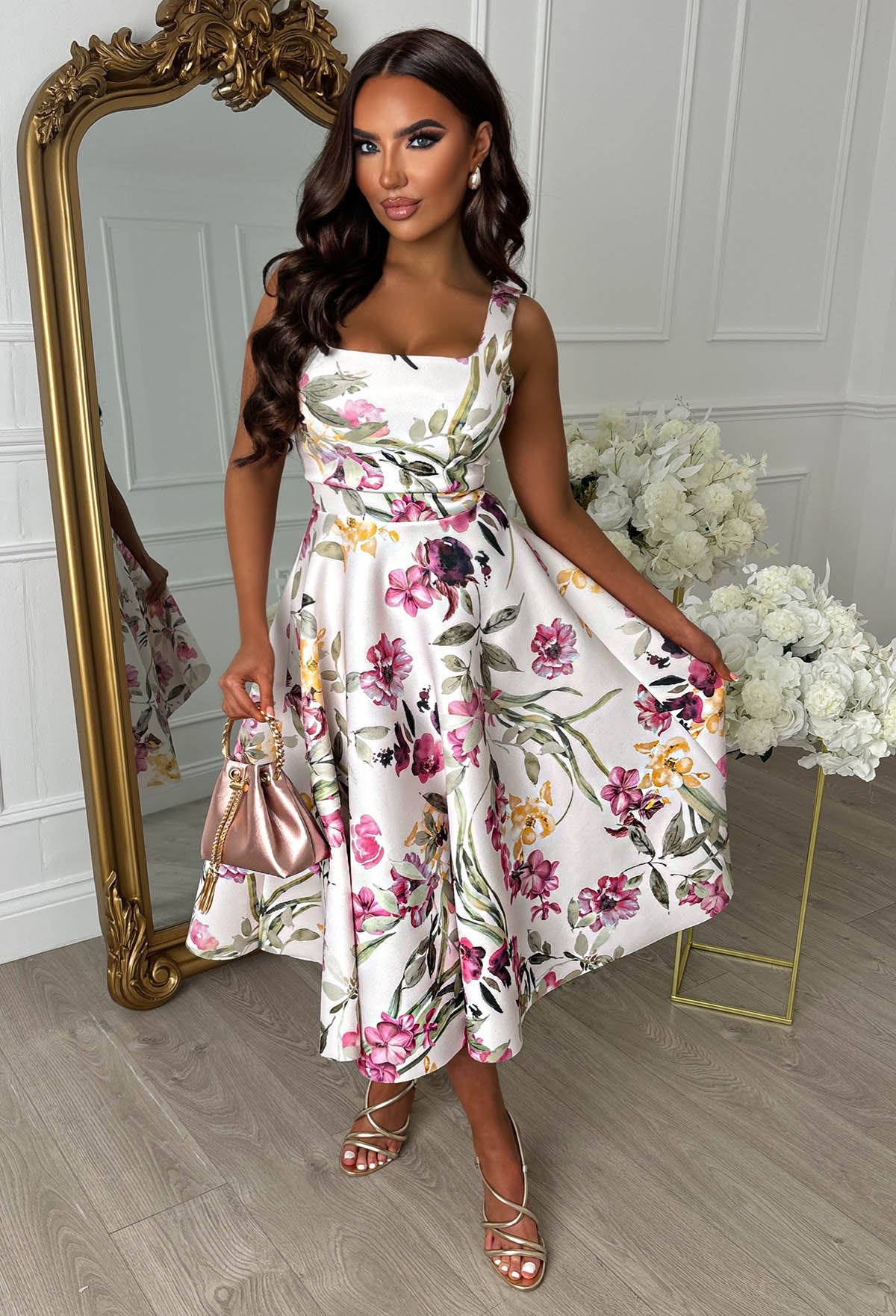 Petal Whisper Multi Pretty Floral Flared Skirt Midi Dress Pink