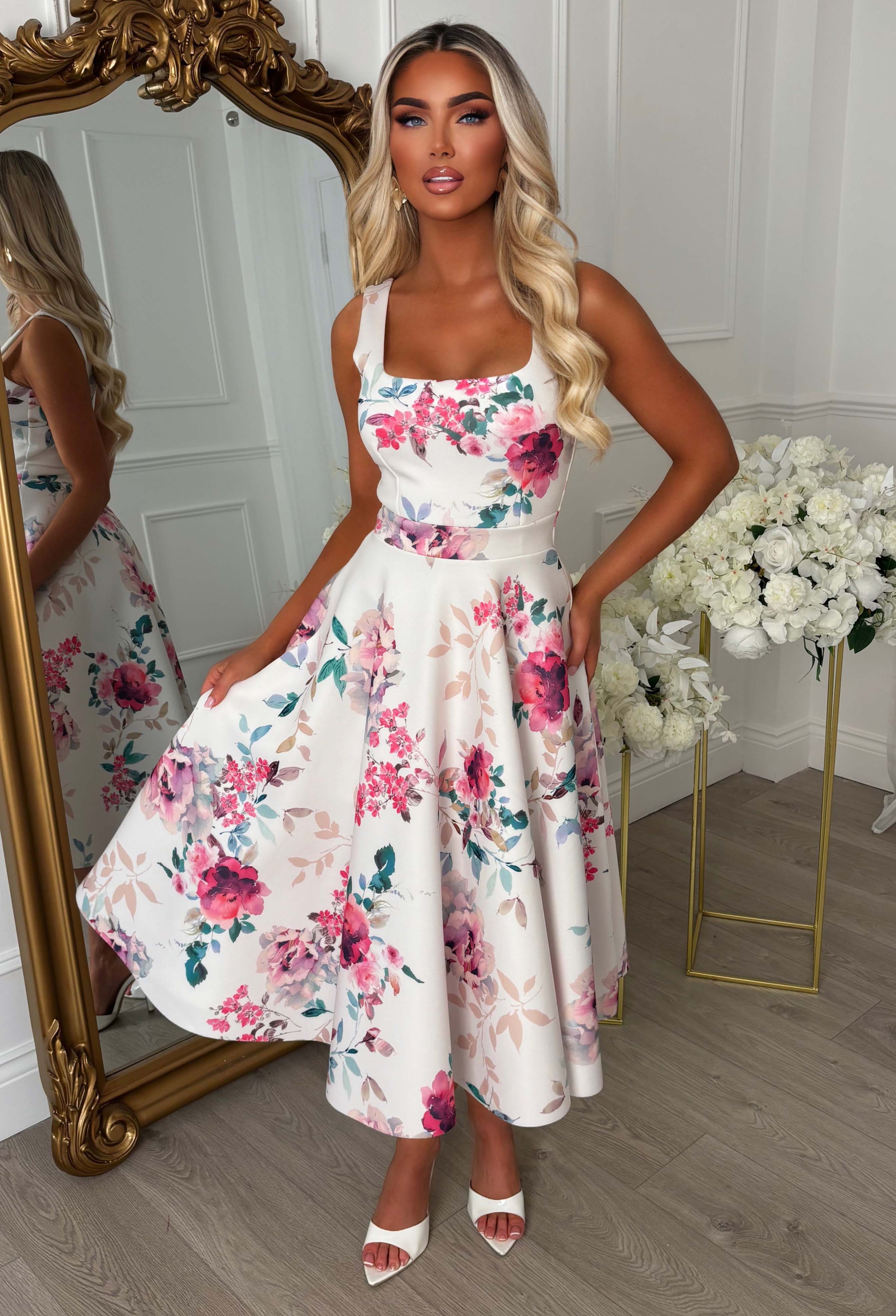 Petal Whisper Pink Pretty Floral Flared Skirt Midi Dress