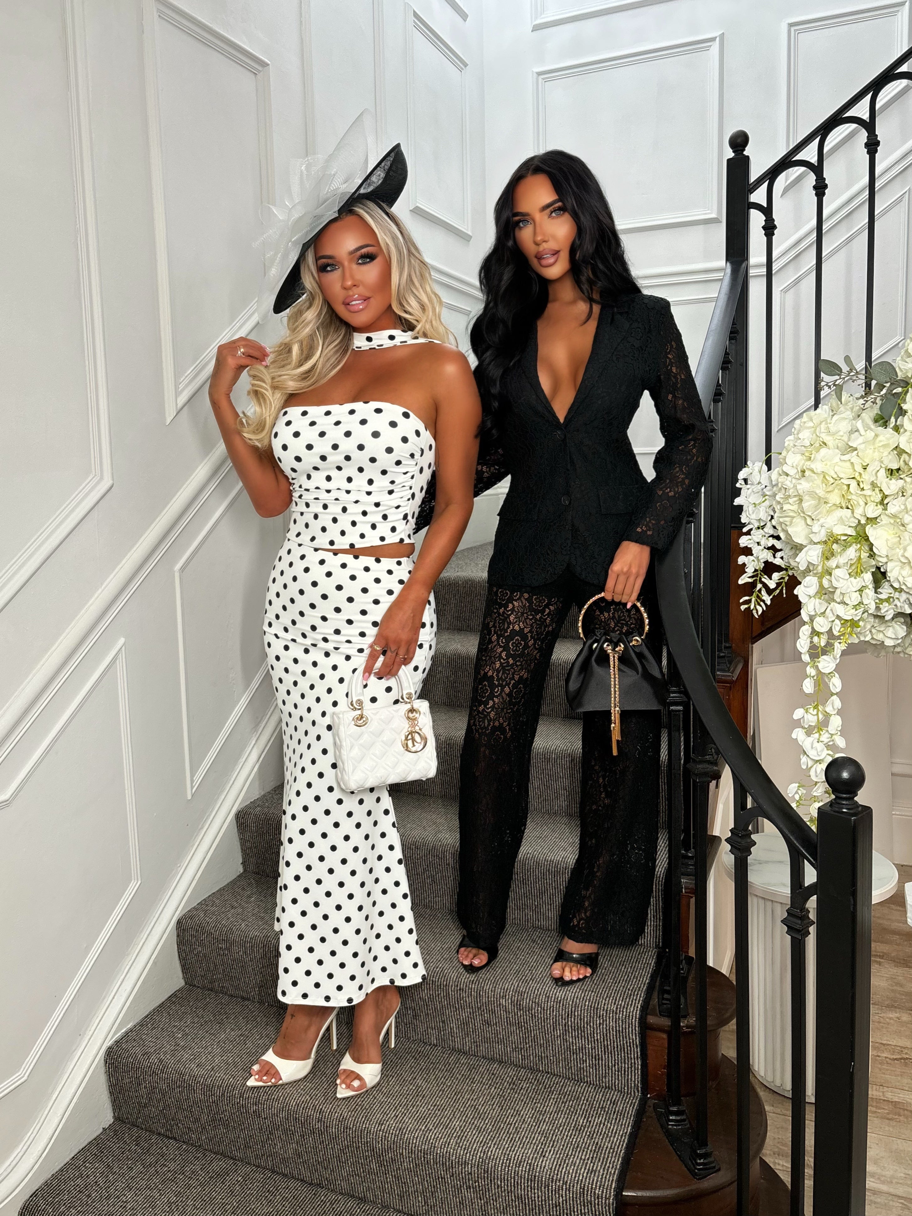 Portofino Glam White Polka Dot Scarf Detail Co-ord Set