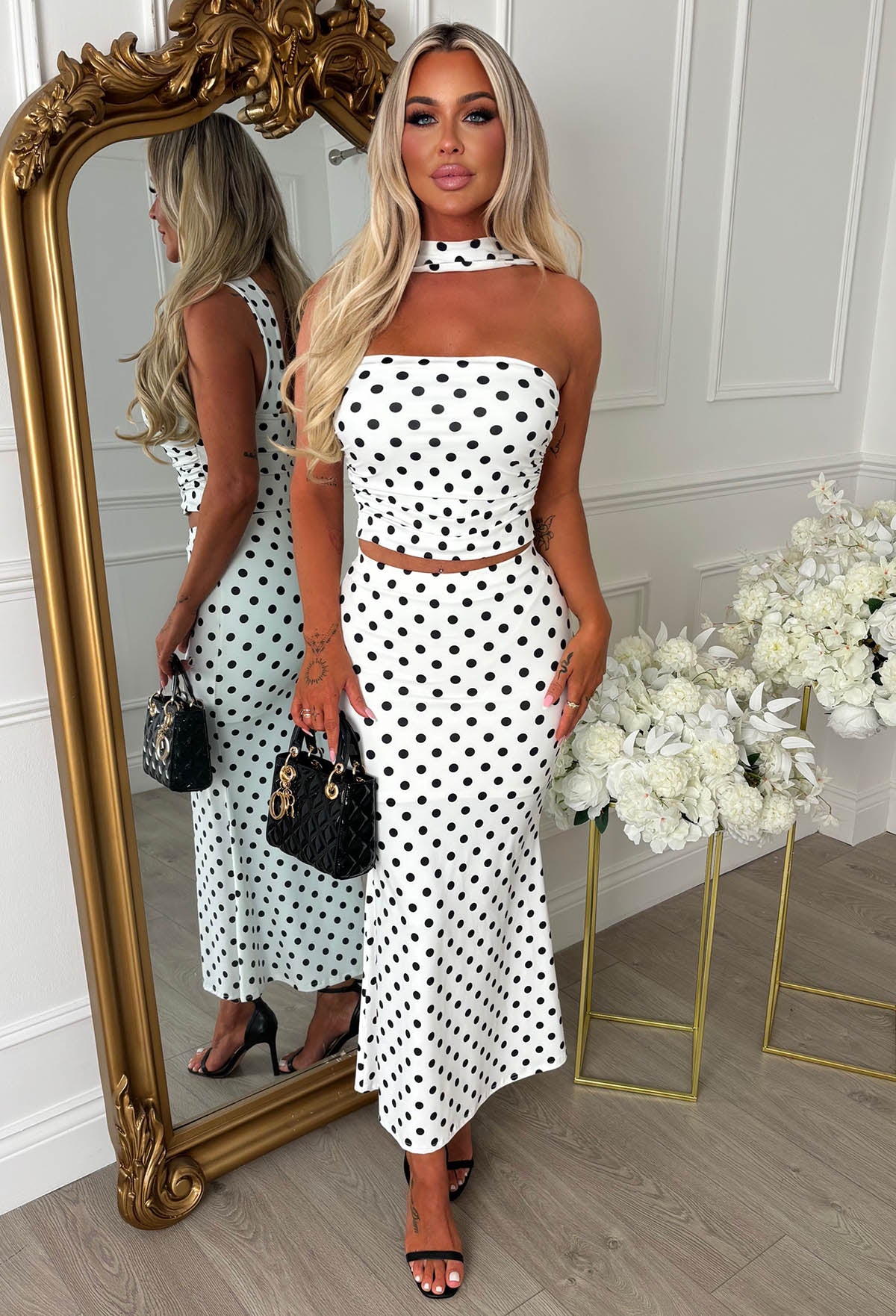 Portofino Glam White Polka Dot Scarf Detail Co-ord Set
