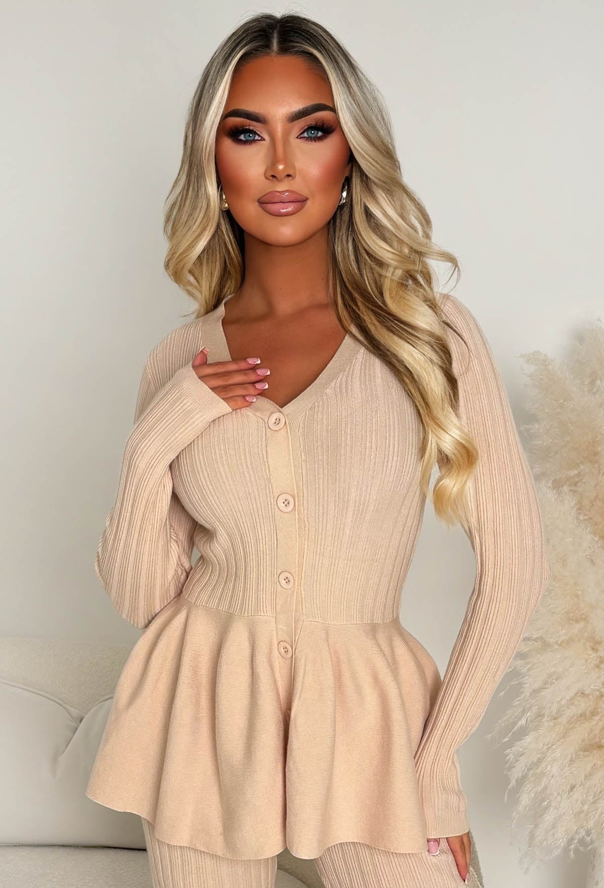 Posed & Pretty Cream Peplum Knitted Lounge Co-Ord Set
