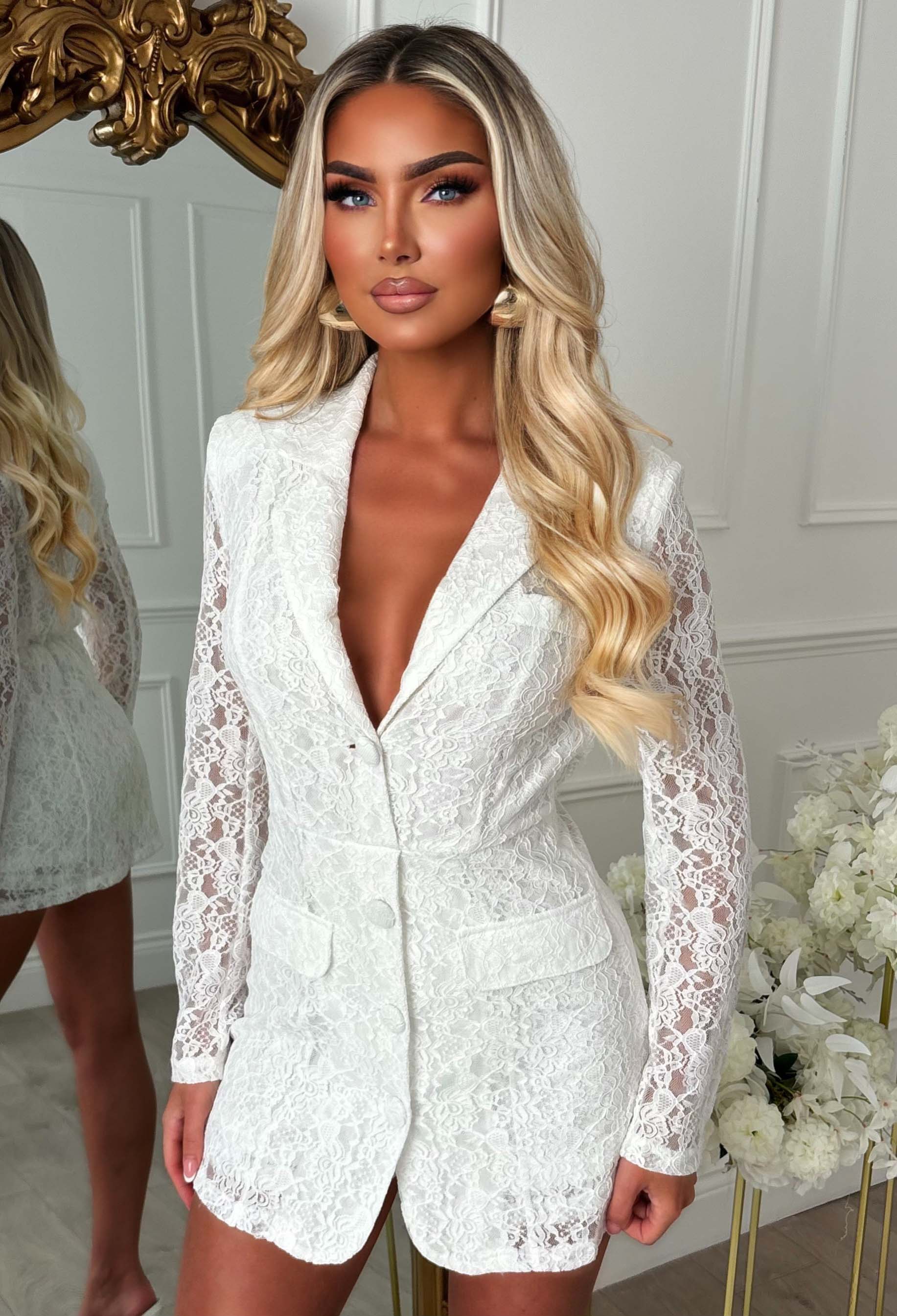 Power Drama White Lace Long Sleeved Playsuit