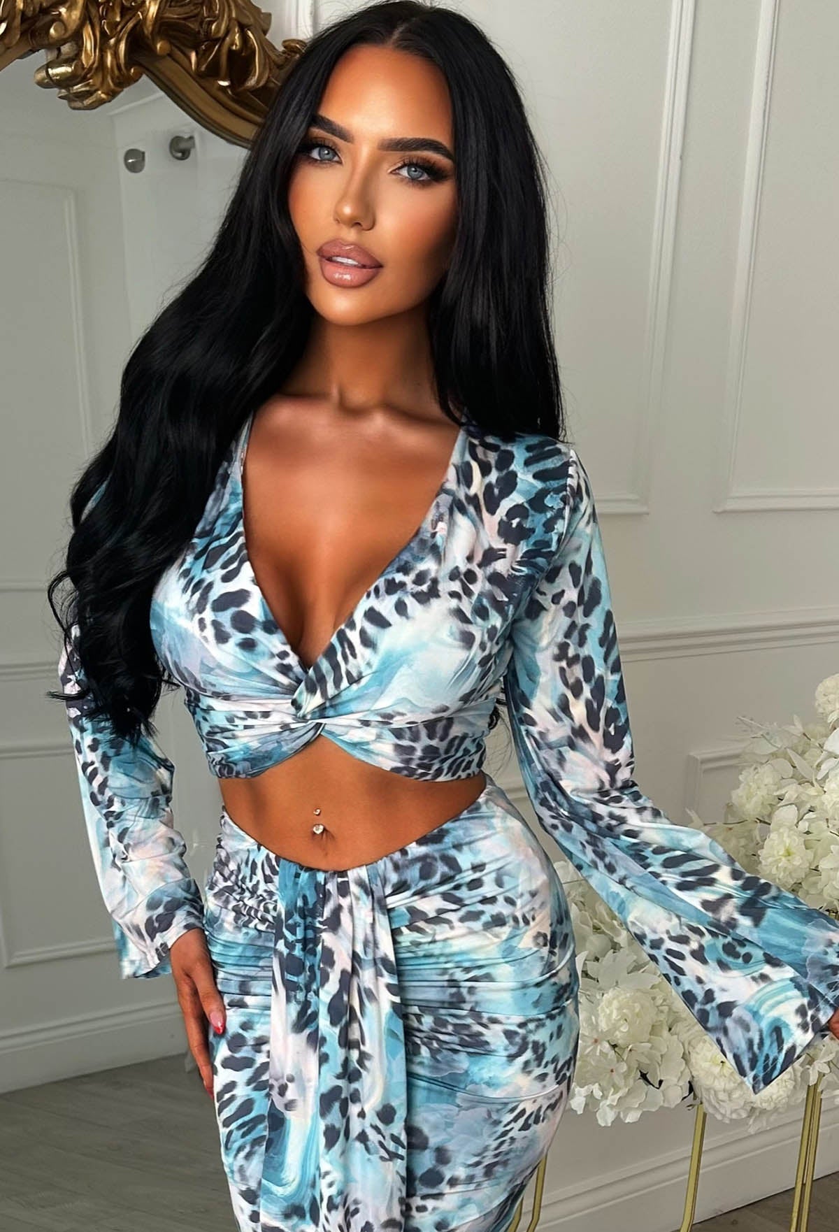 Pretty Gal Blue Leopard Print Knot Front Top & Skirt Co-Ord Set
