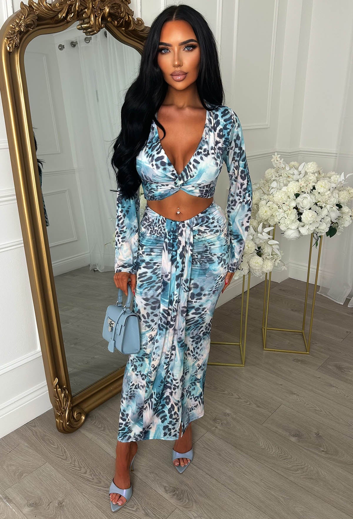 Pretty Gal Blue Leopard Print Knot Front Top & Skirt Co-Ord Set