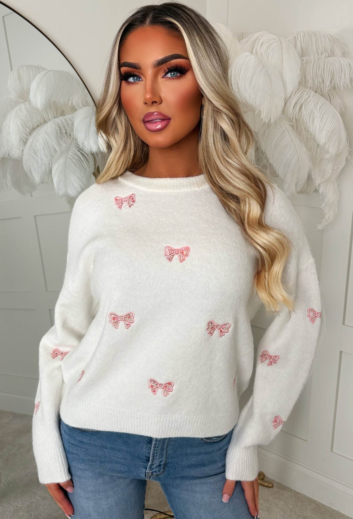 Pretty In Bows Cream Bow Crew Neck Jumper
