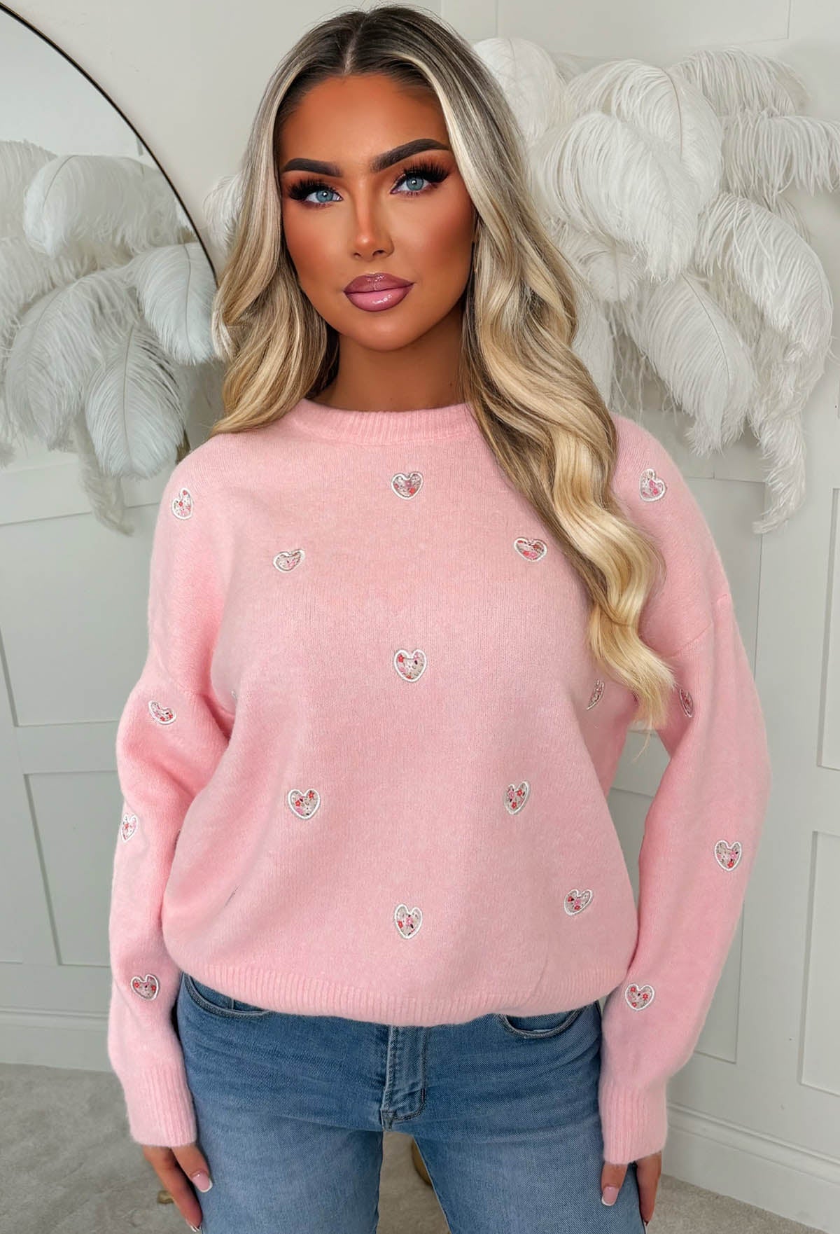 Pretty In Love Light Pink Heart Crew Neck Jumper