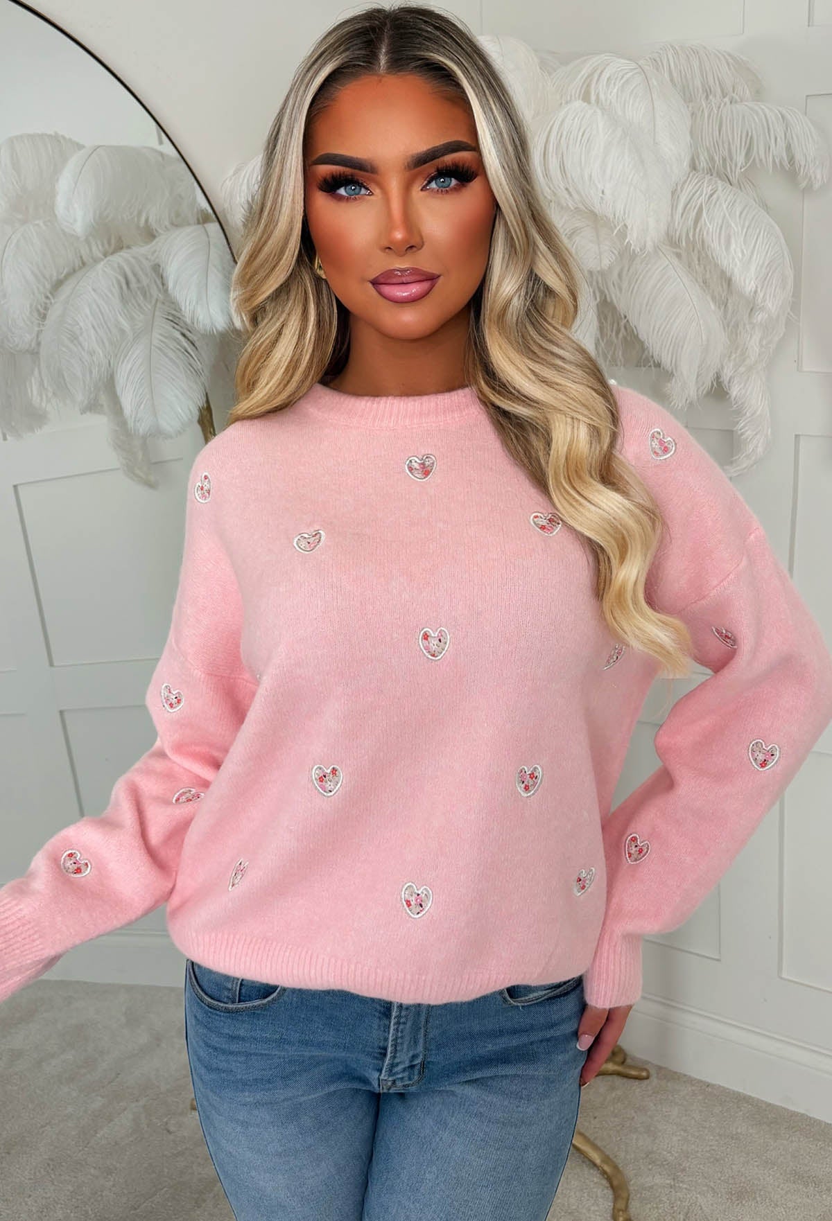 Pretty In Love Light Pink Heart Crew Neck Jumper