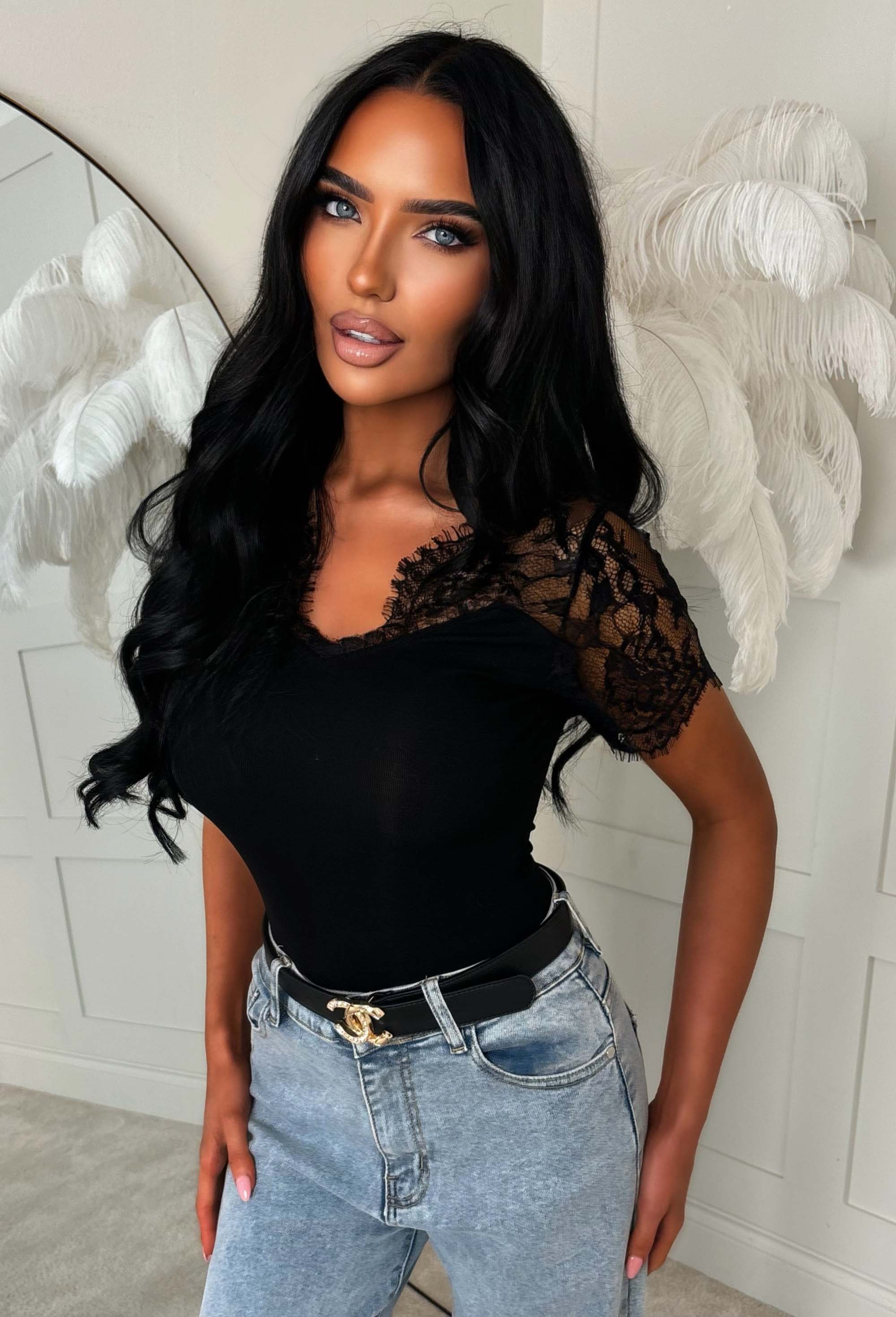 Pretty Little Sin Black Lace Short Sleeve Bodysuit