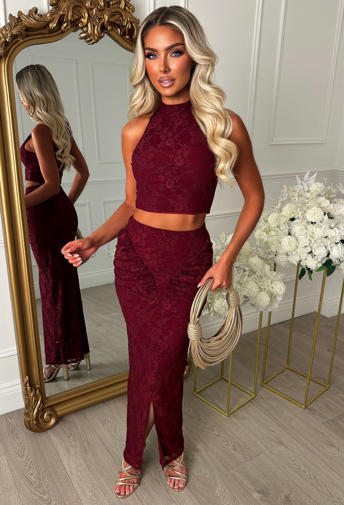 Pretty Temptation Burgundy Lace Top & Maxi Skirt Co-Ord Set