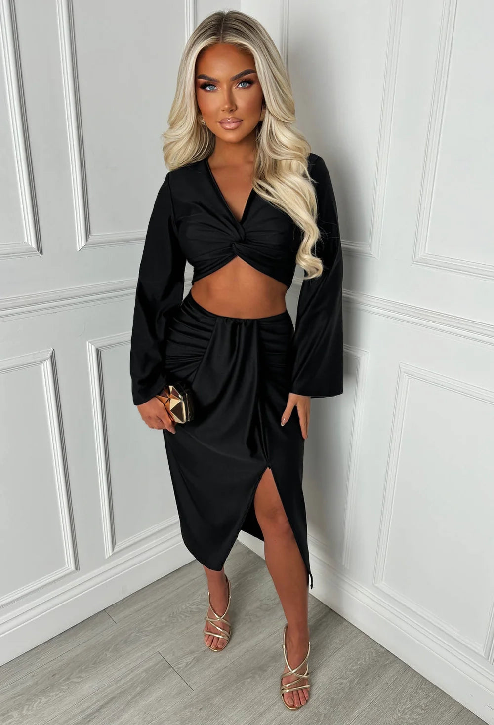 Pretty Things Black Jersey Ruched Midi Skirt Co-Ord