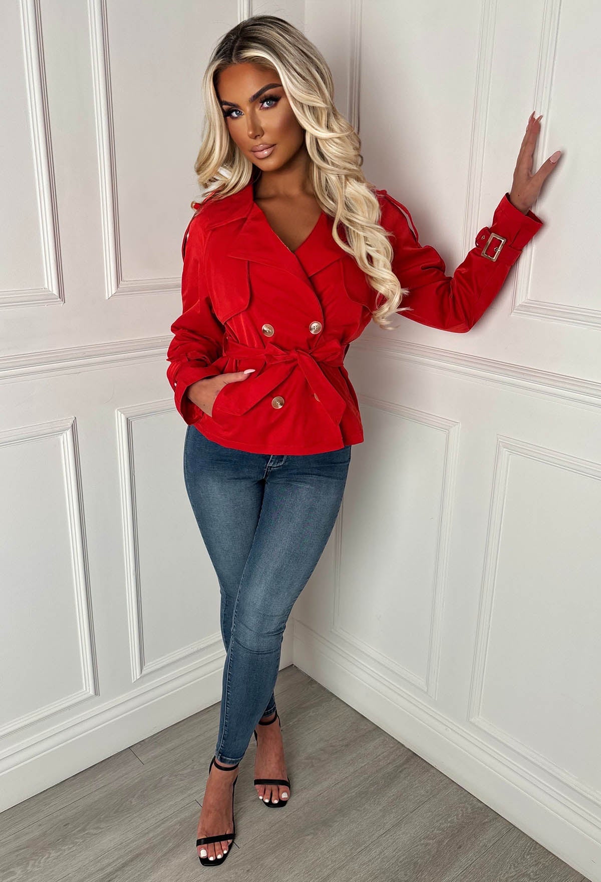 Private Society Red Belted Cropped Trench Coat