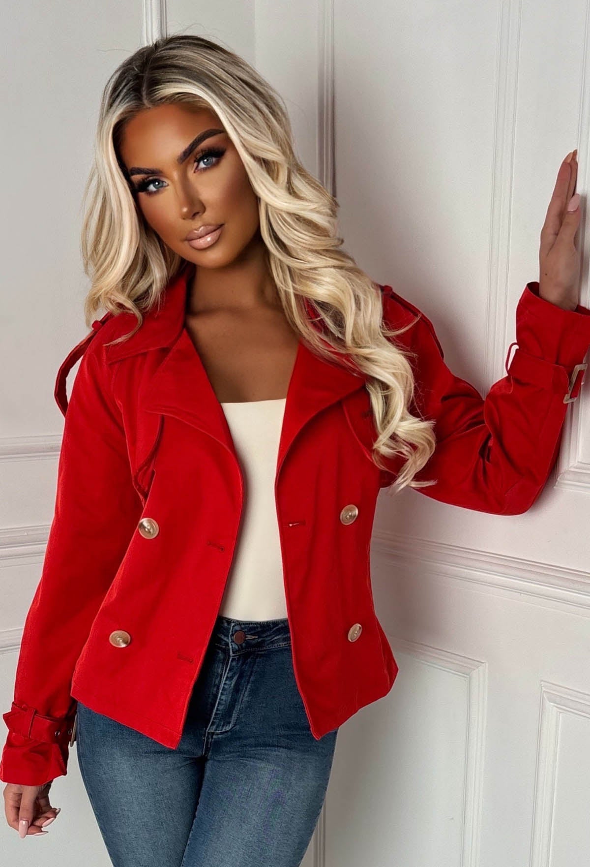 Private Society Red Belted Cropped Trench Coat