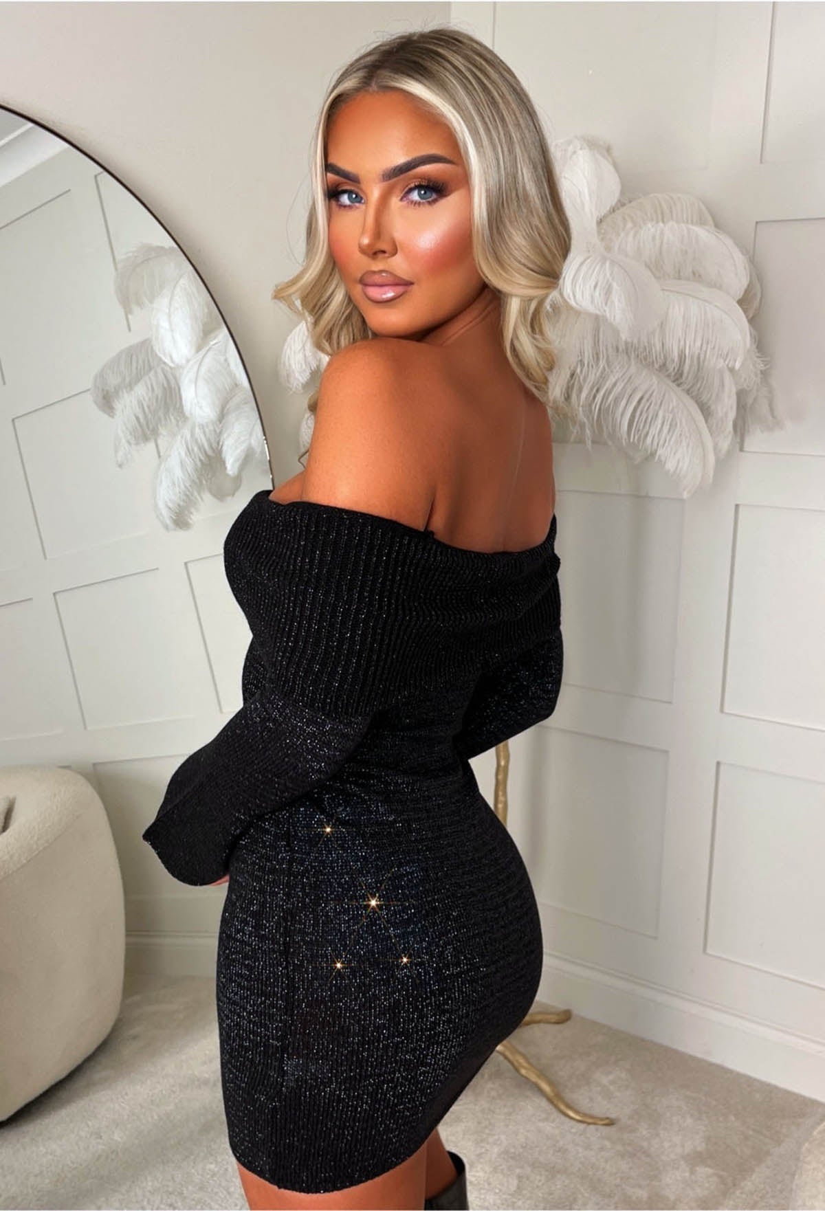 Pure Devotion Black Lurex Bardot Knitted Dress