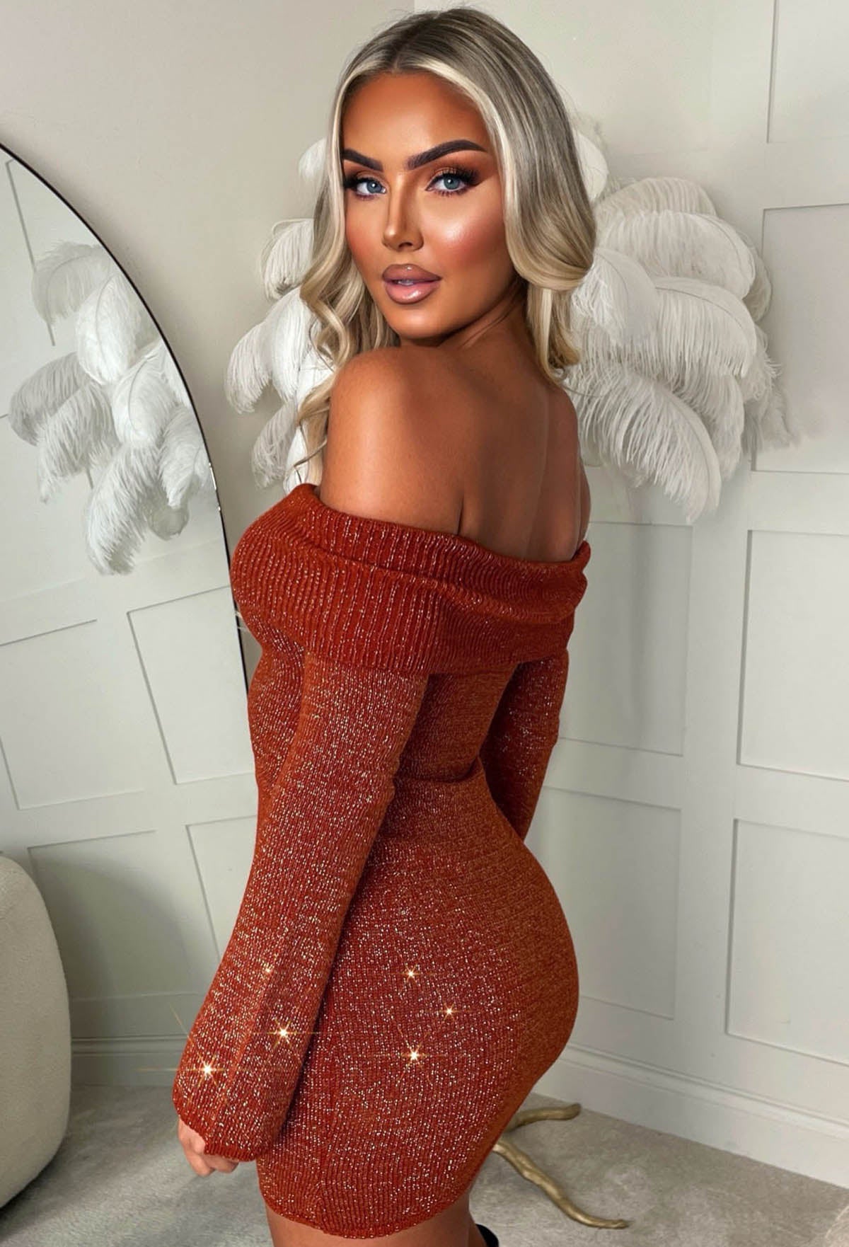 Pure Devotion Orange Lurex Bardot Knitted Dress