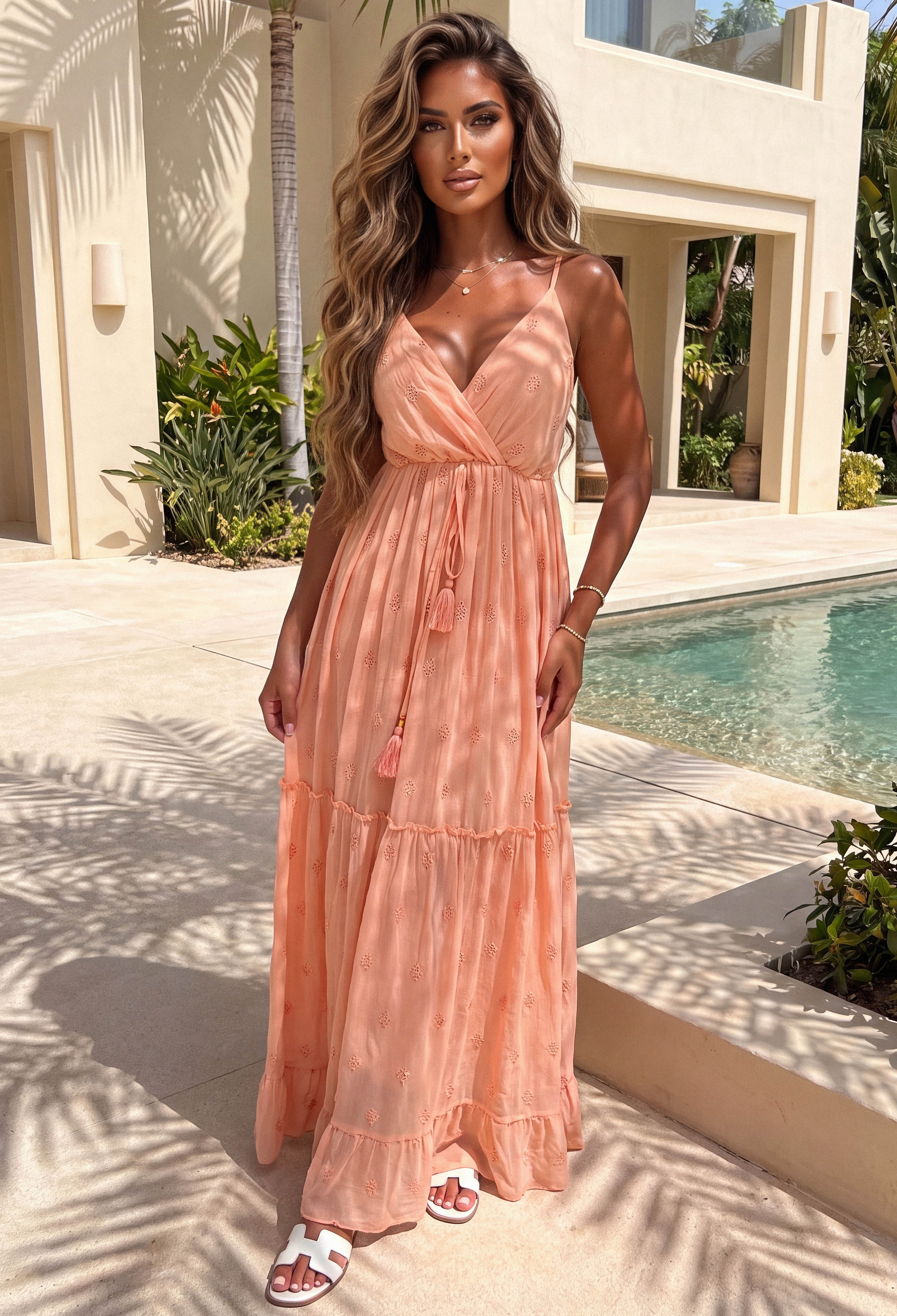 Coral Tiered Maxi Dress