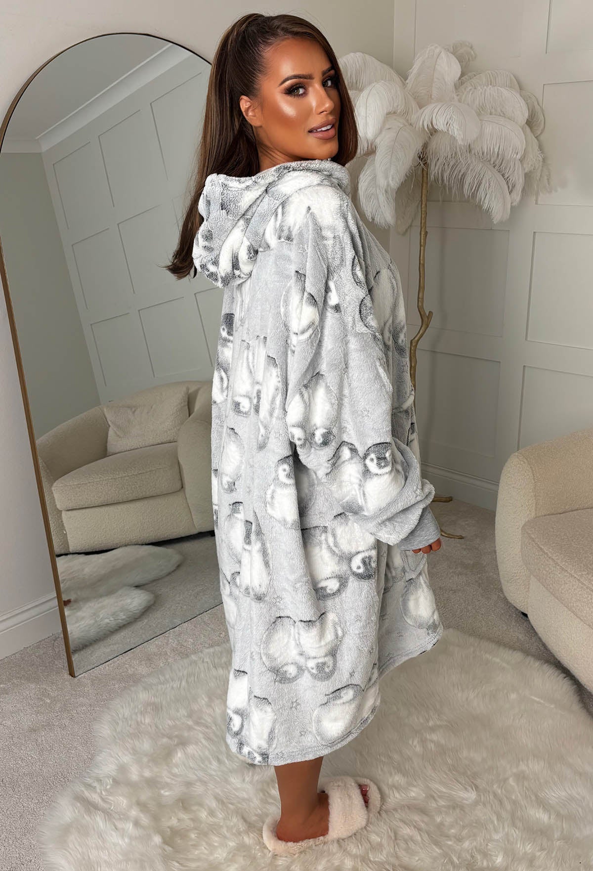 Queen Of Cozy Grey Penguin Printed Luxury Snuggle Hoodie