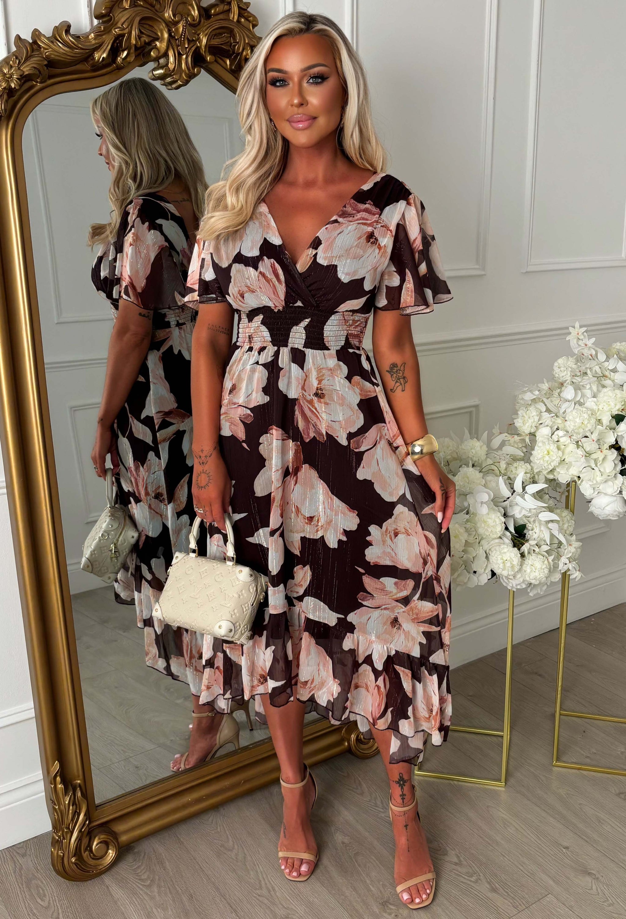 Quiet Shimmer Brown Lurex Thread Print Midi Dress | Pink Boutique