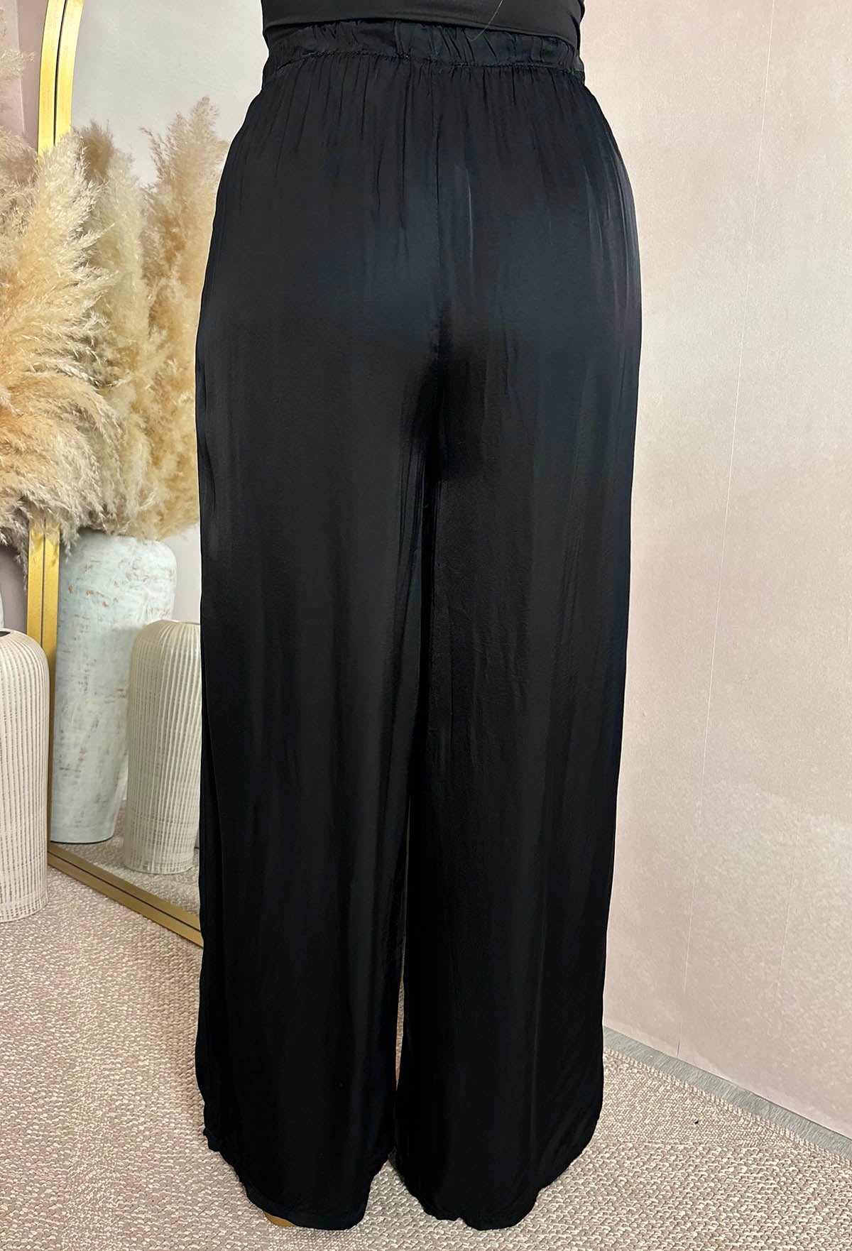 Radiant Charm Black Satin Wide Leg Elasticated Trousers