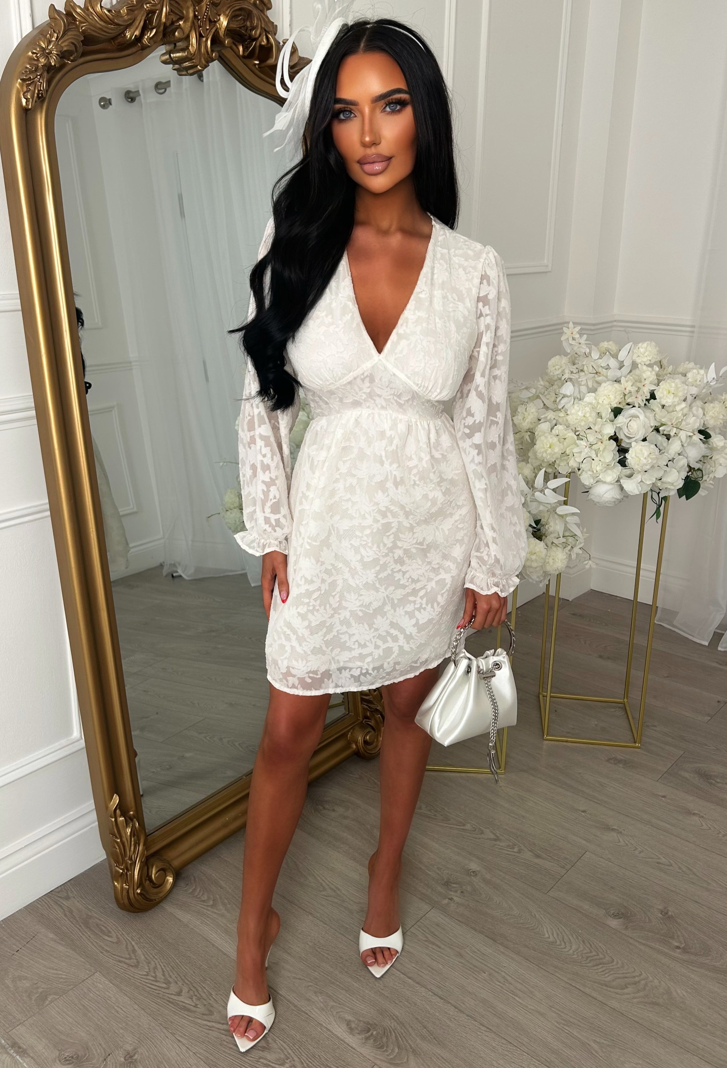 Radiant Drift Cream Long Sleeve Textured Mini Dress