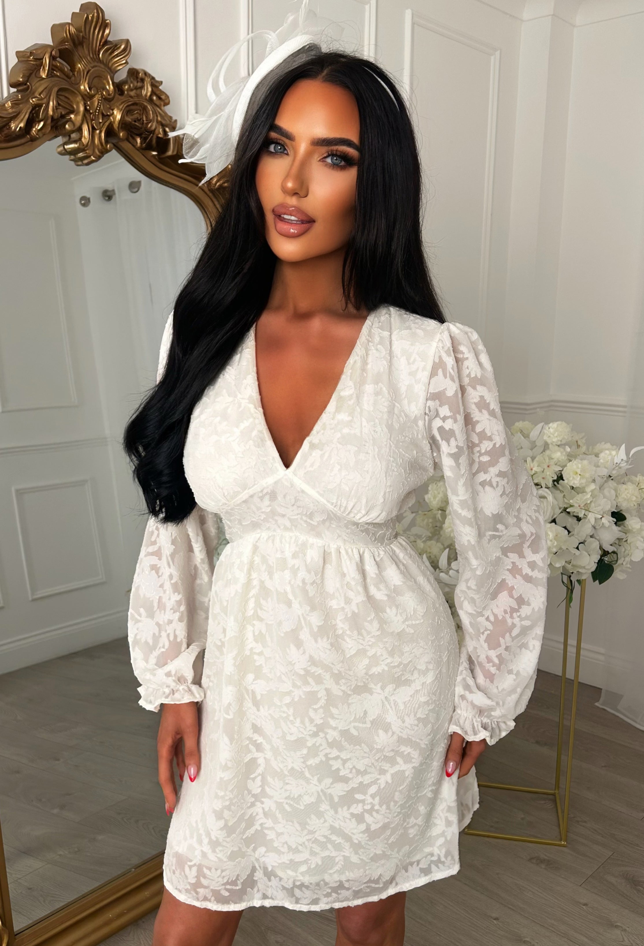 Radiant Drift Cream Long Sleeve Textured Mini Dress