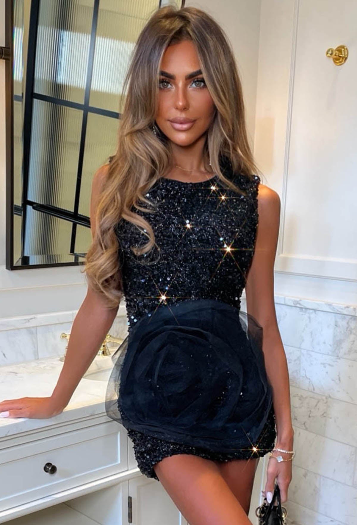 Radiant Rose Black Sequin Mini Dress