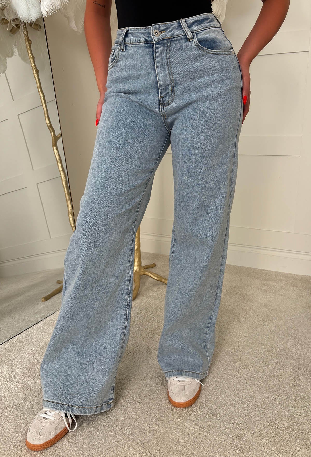 Rae Mid Wash Super-Stretchy Flared Wide Leg Jeans