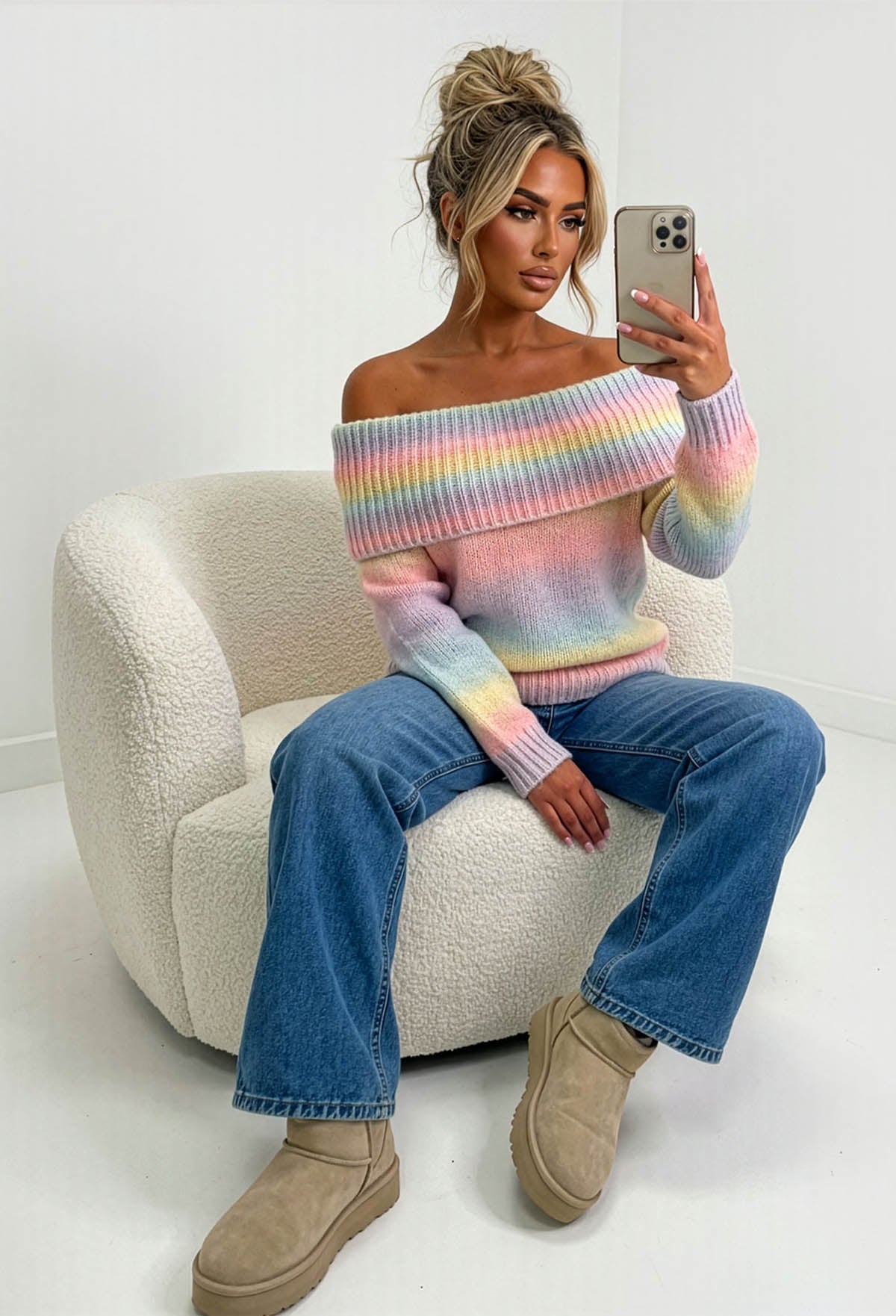 Rainbow Couture Multi Ombre Bardot Foldover Detail Jumper