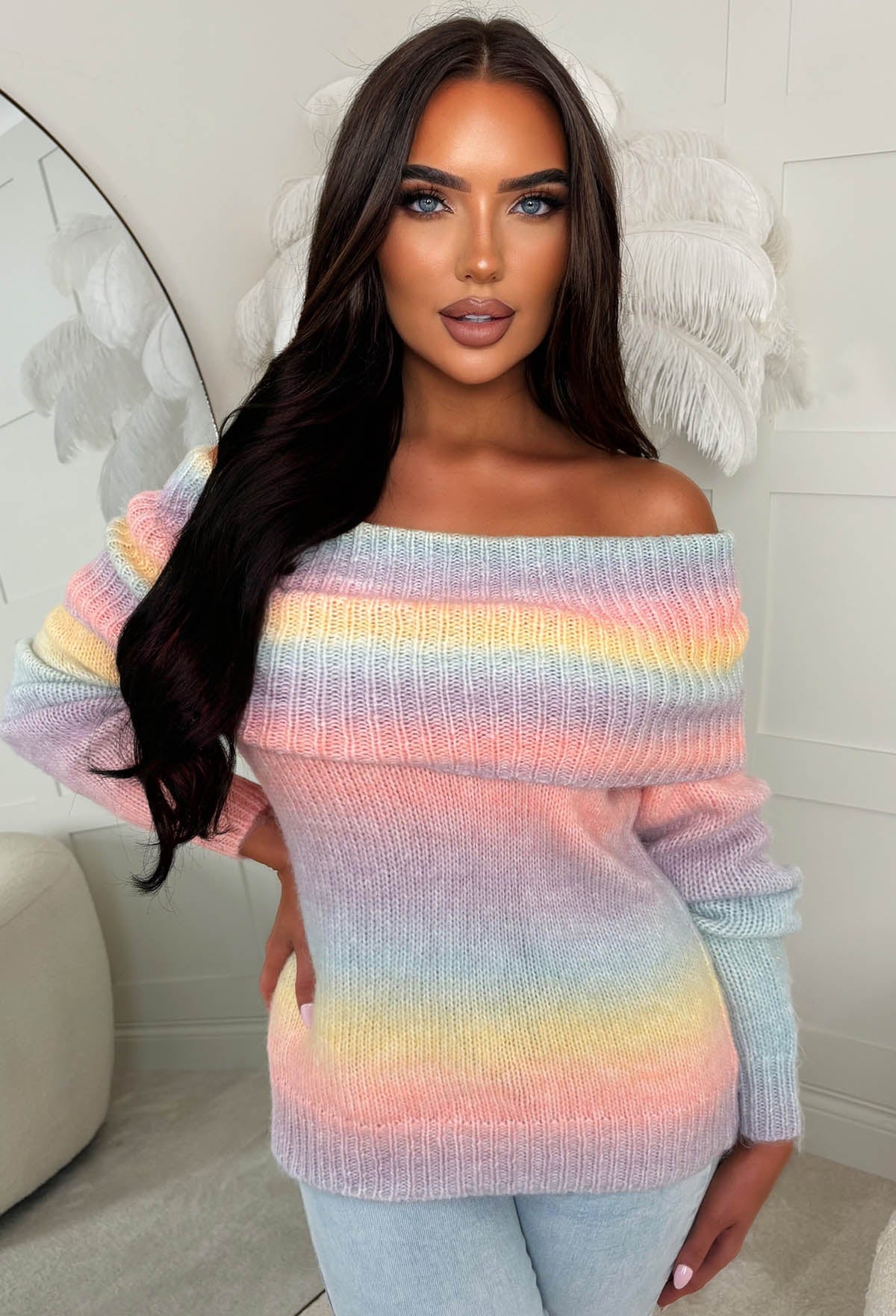 Rainbow Couture Multi Ombre Bardot Foldover Detail Jumper