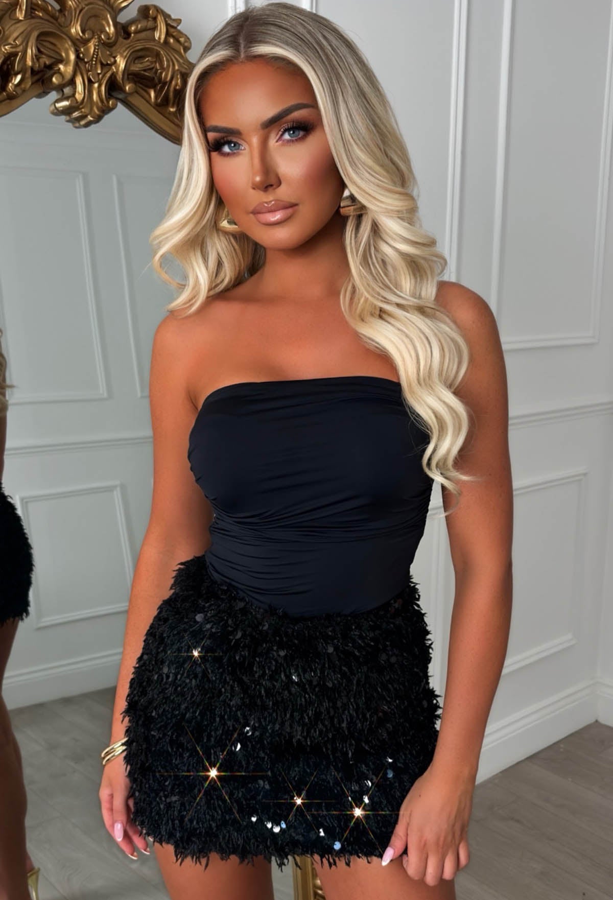 Read My Lips Black Sequin Feather Skirt