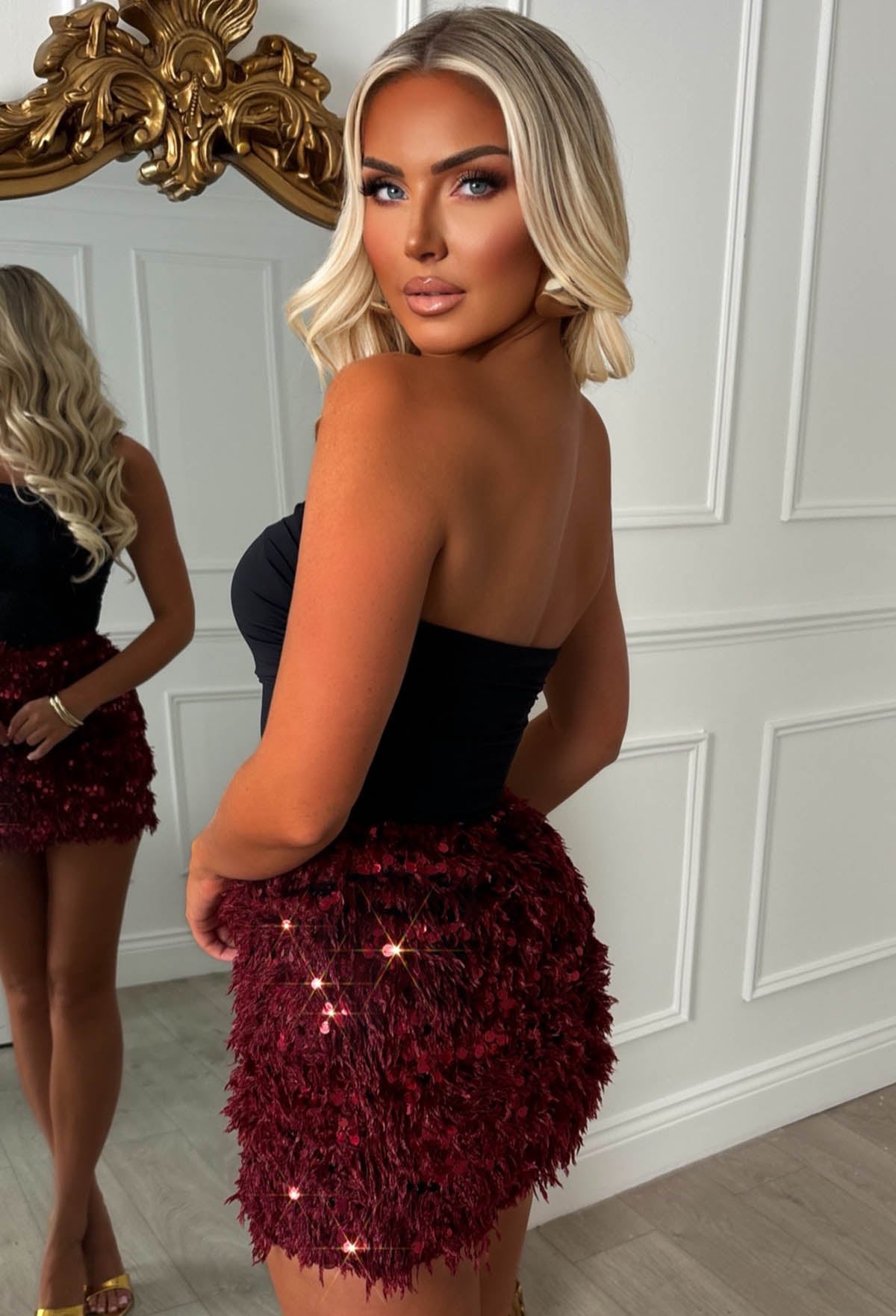 Read My Lips Burgundy Sequin Feather Skirt