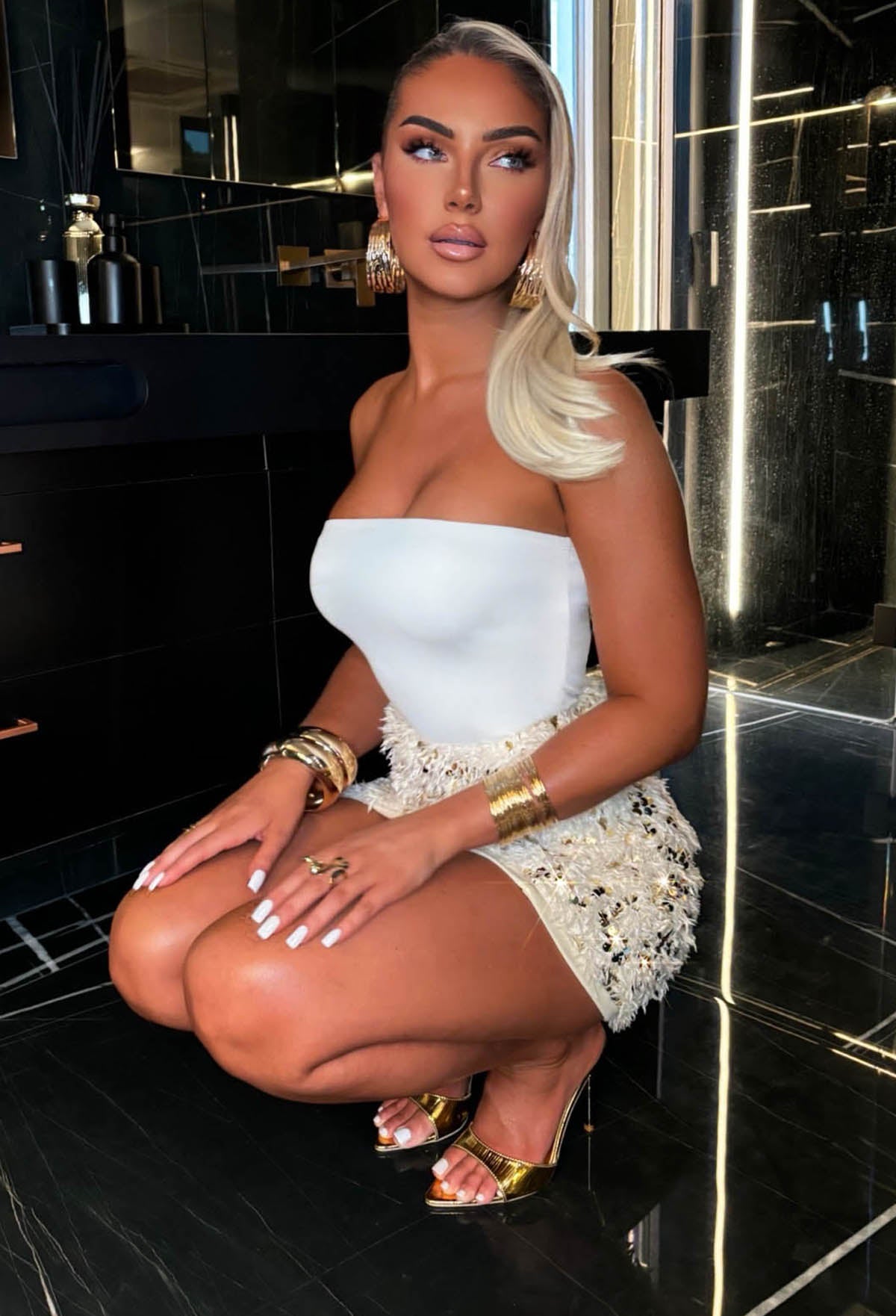 Read My Lips Cream Sequin Feather Skirt