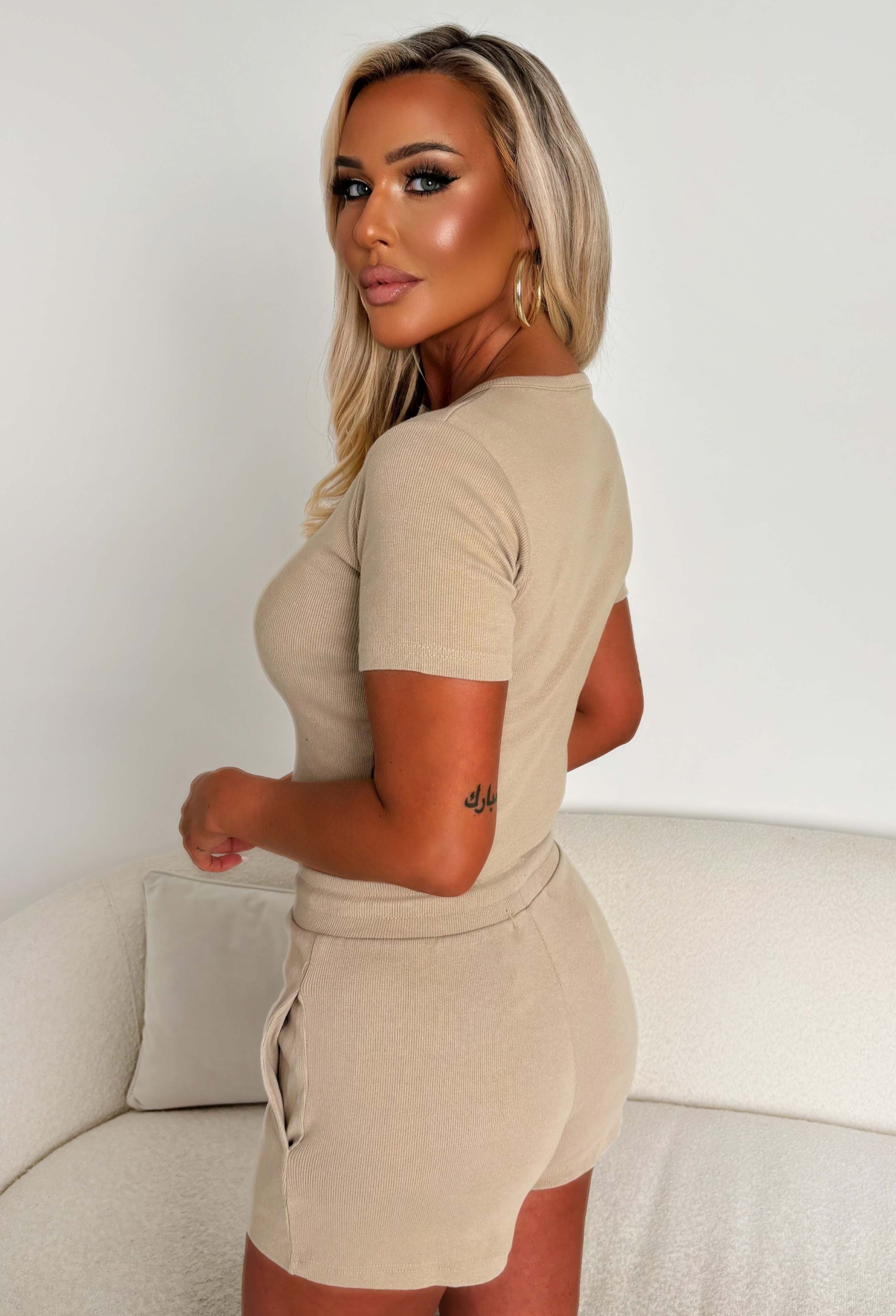 Ready For Takeoff Beige Ribbed Shirt & Shorts Set