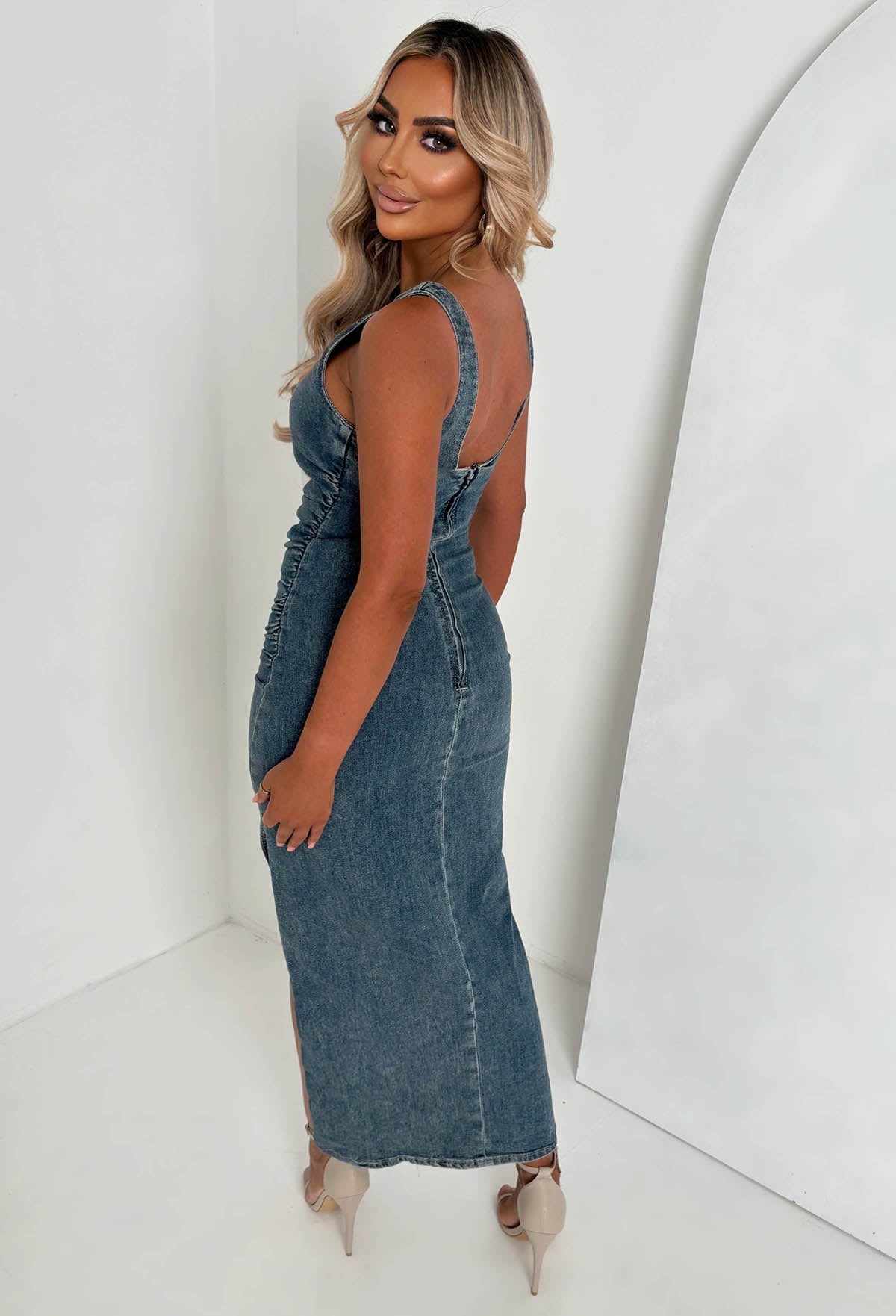 Rebel Edge Dark Wash Stretch Denim Ruched Dress