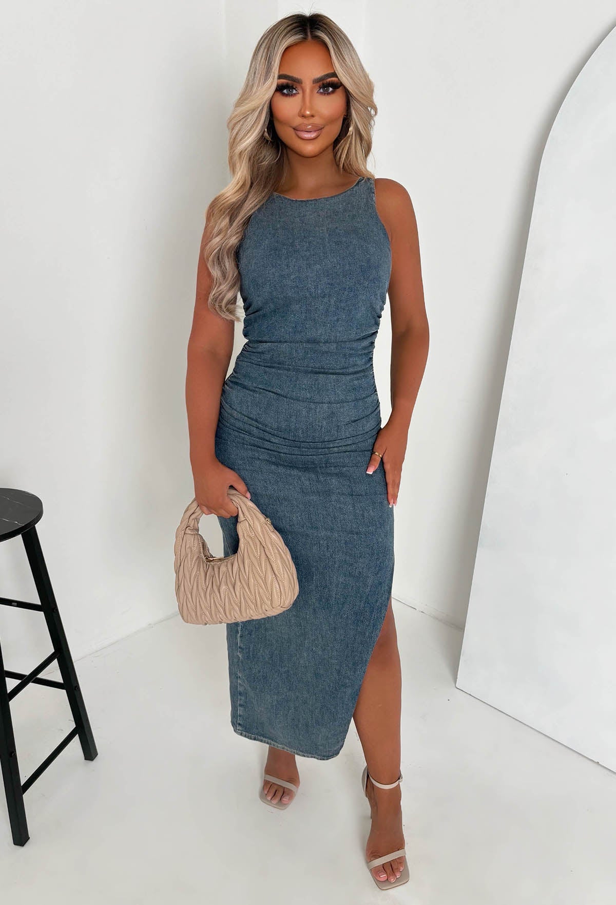 Rebel Edge Dark Wash Stretch Denim Ruched Dress