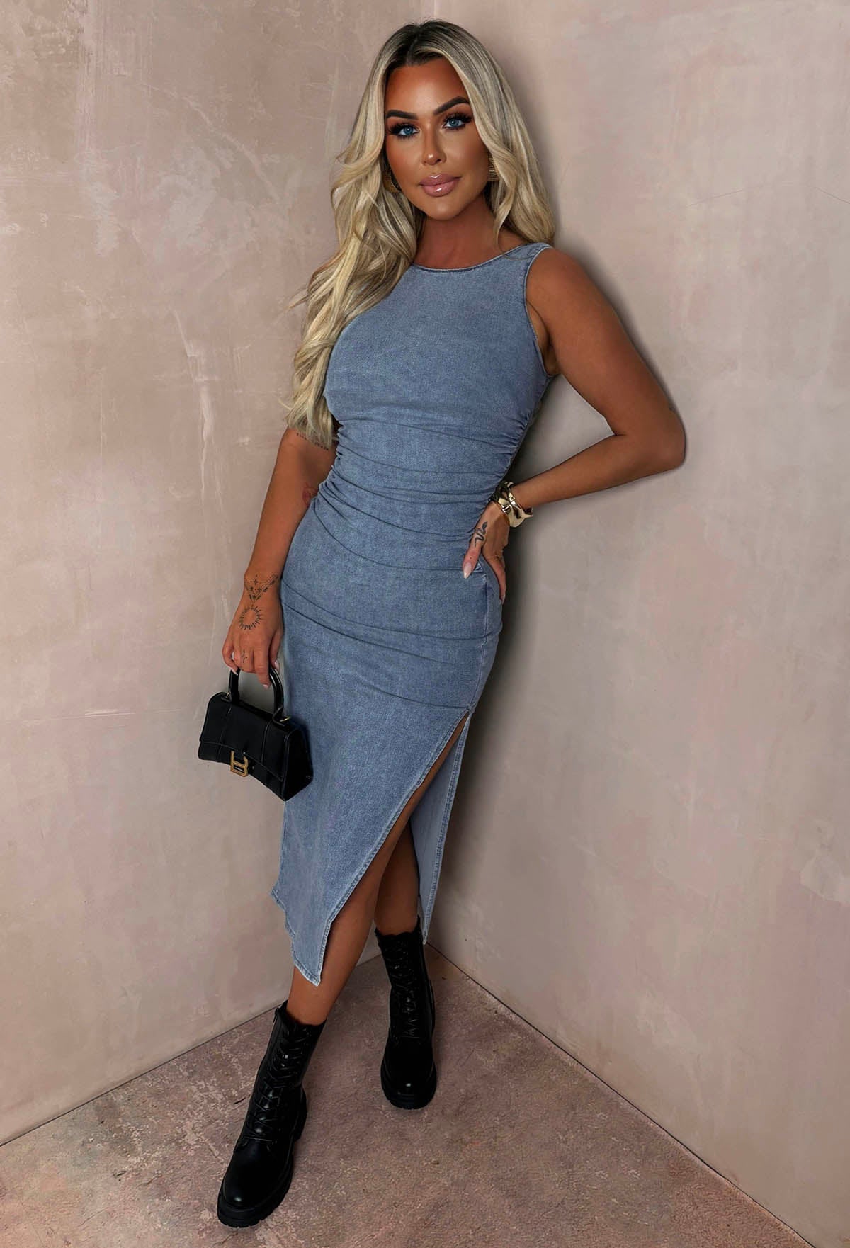 Rebel Edge Light Wash Stretch Denim Ruched Midi Dress