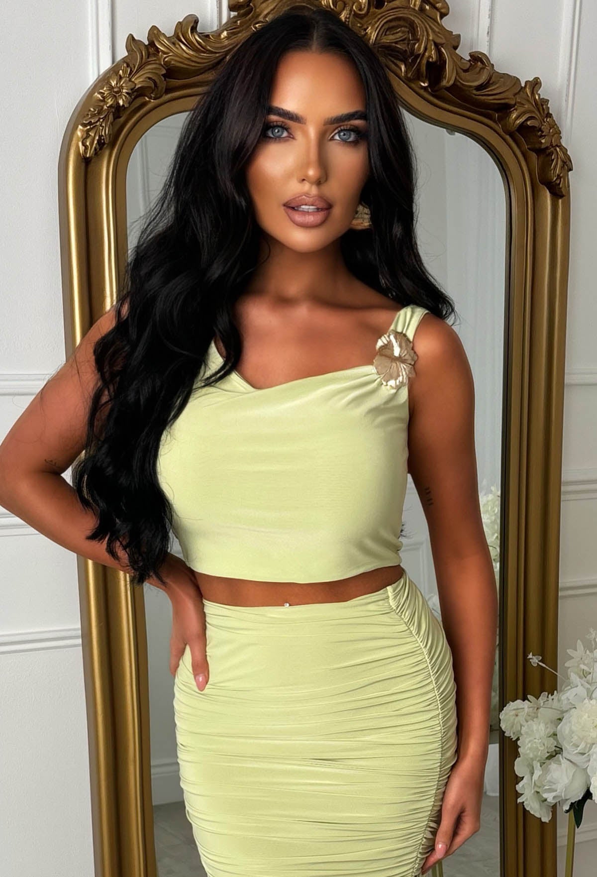Reputation Of Glam Pistachio Green Floral Buckle Off Shoulder Top And Maxi Skirt Co-Ord Set