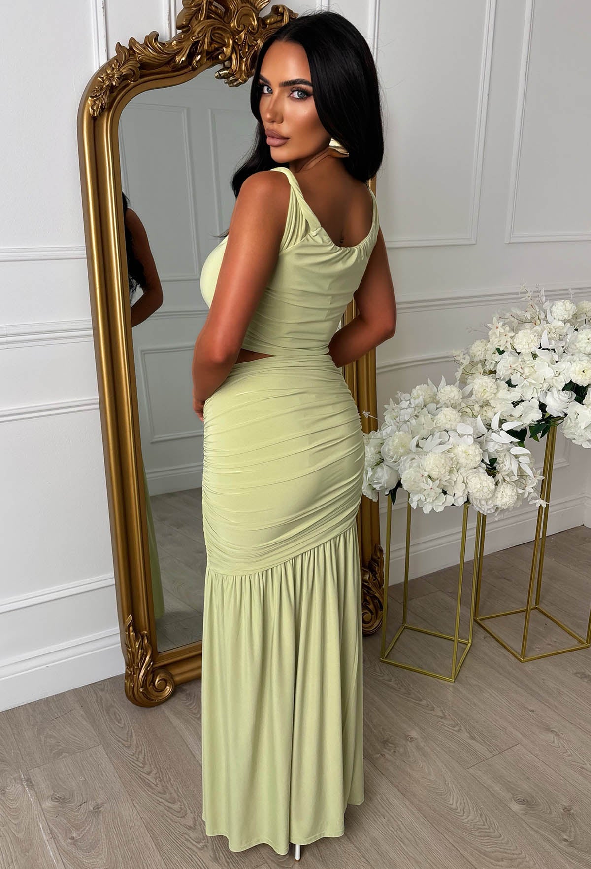 Reputation Of Glam Pistachio Green Floral Buckle Off Shoulder Top And Maxi Skirt Co-Ord Set