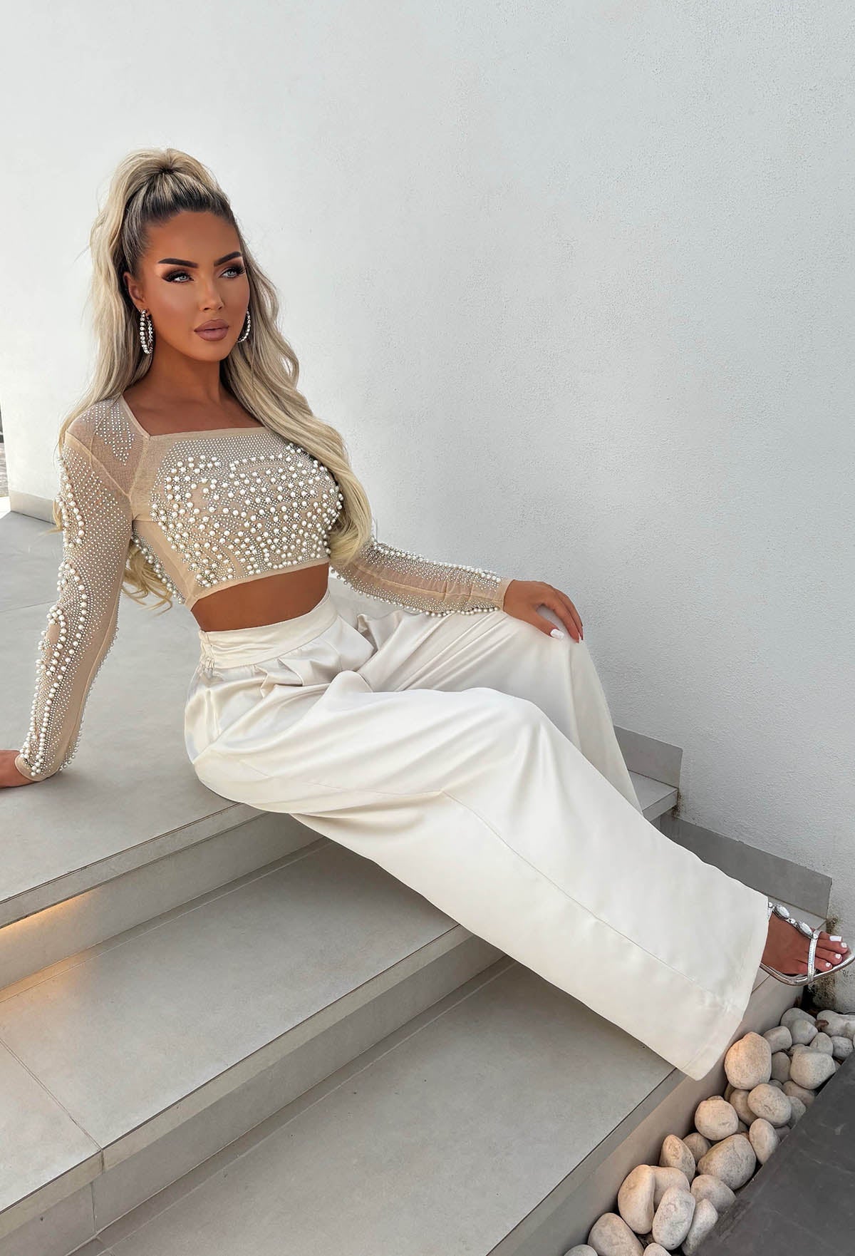 Rhinestone Rebel Nude Diamante Embellished Long Sleeve Mesh Top