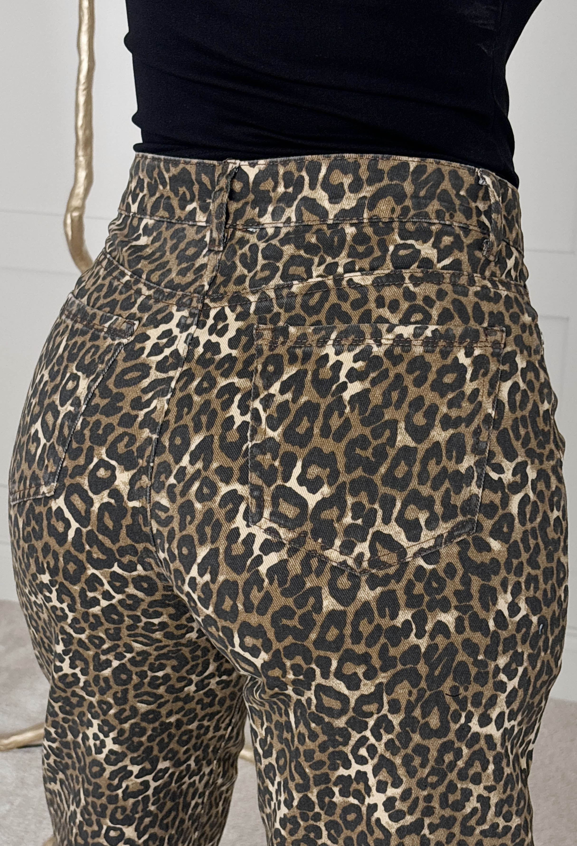 Rhlya Brown Leopard Print Stretch Denim Barrel Jeans