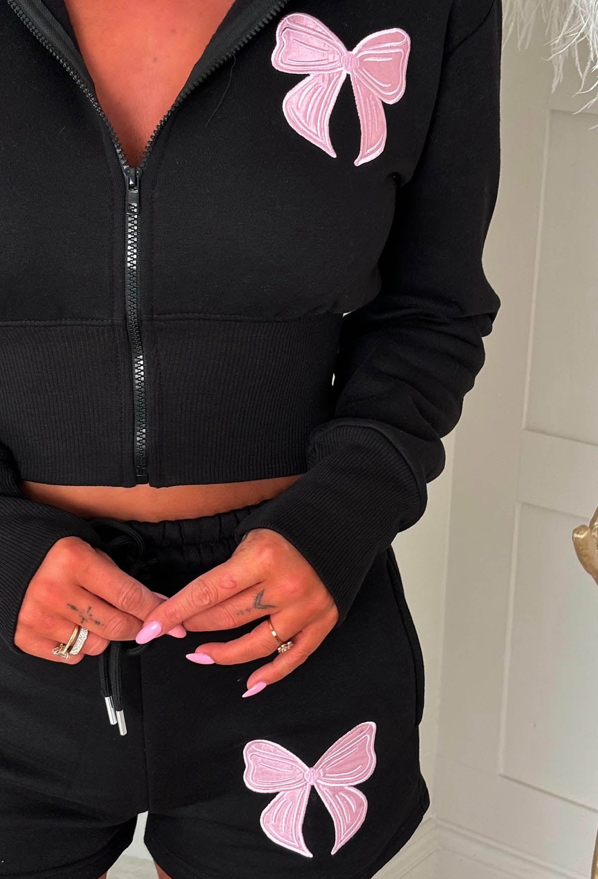 Black Bow Cropped Hoodie And Shorts Loungewear Set Close Up Detail