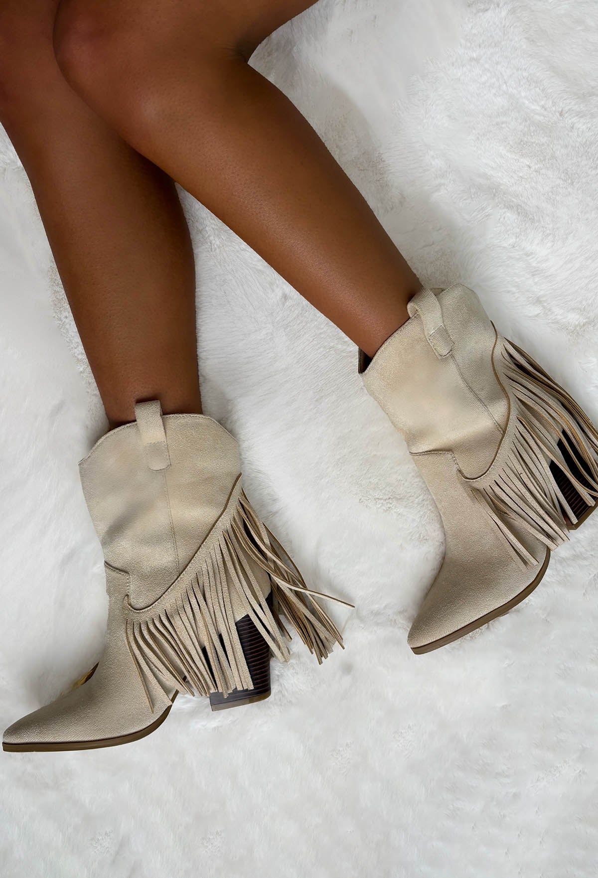 Ride Em Cowboy Beige Faux Suede Tassel Boots