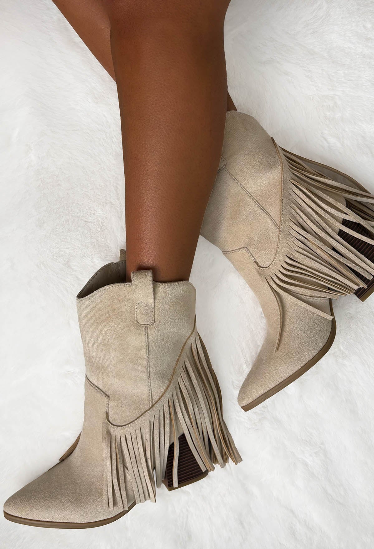 Ride Em Cowboy Beige Faux Suede Tassel Boots