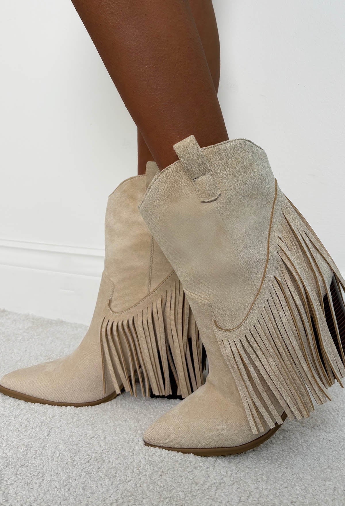 Ride Em Cowboy Beige Faux Suede Tassel Boots