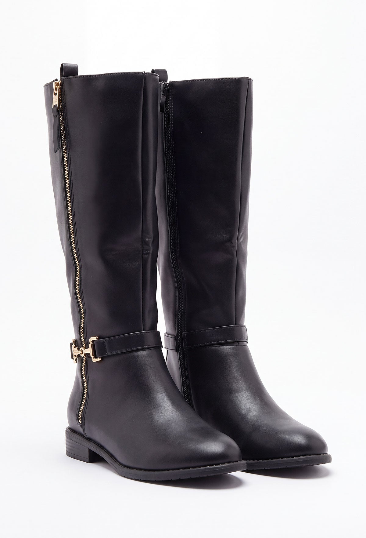 Black faux leather riding boot with a gold zip fastening and gold trim detail at the ankle.
