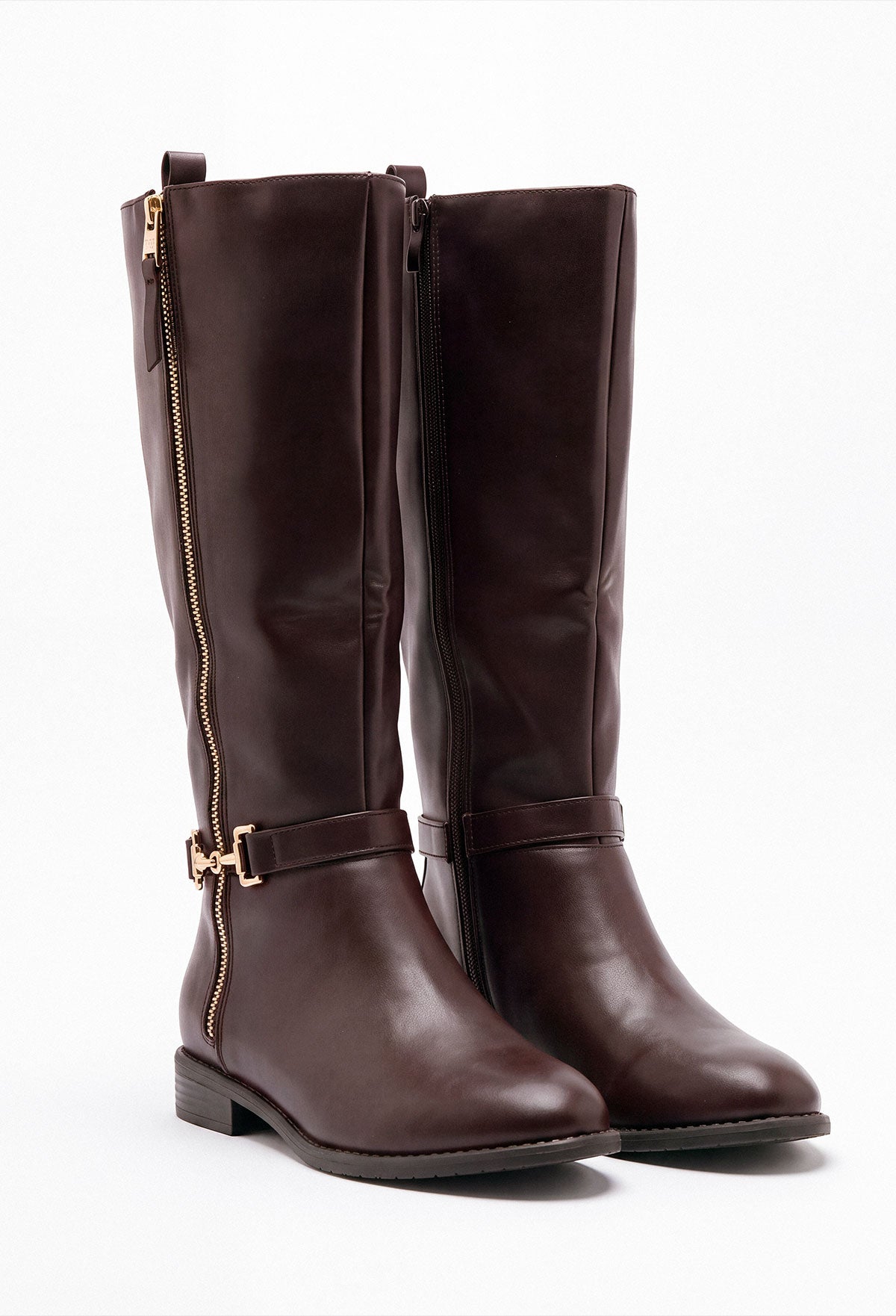 Brown faux leather riding boot with gold trim, side zip fastening and gold hardware detail at the ankle.